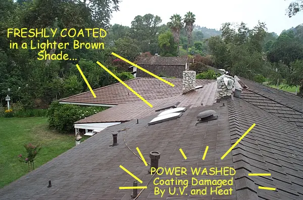 Annotated roof close-up — UV damage versus restored coating, how to read a roof the way a report should © KAB/LSI
