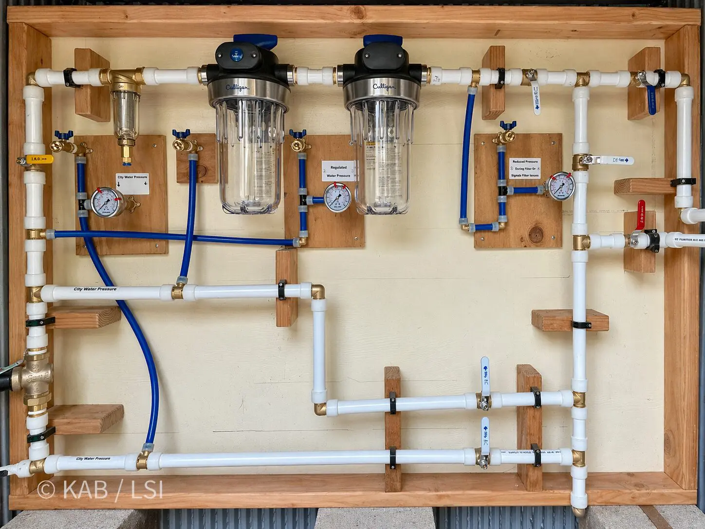 Whole-house water treatment board with pressure regulator, liquid-filled gauges, sediment and carbon filters, bypass valves and labeled distribution lines