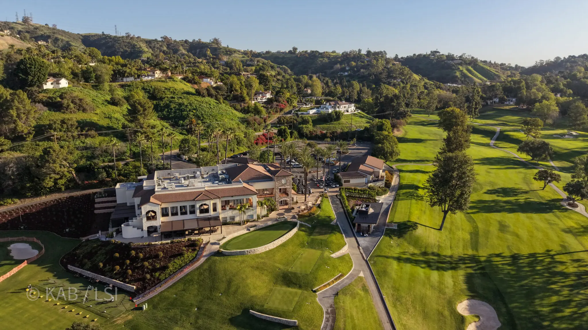 Aerial view of the Hacienda Golf Club Spanish-style clubhouse from above