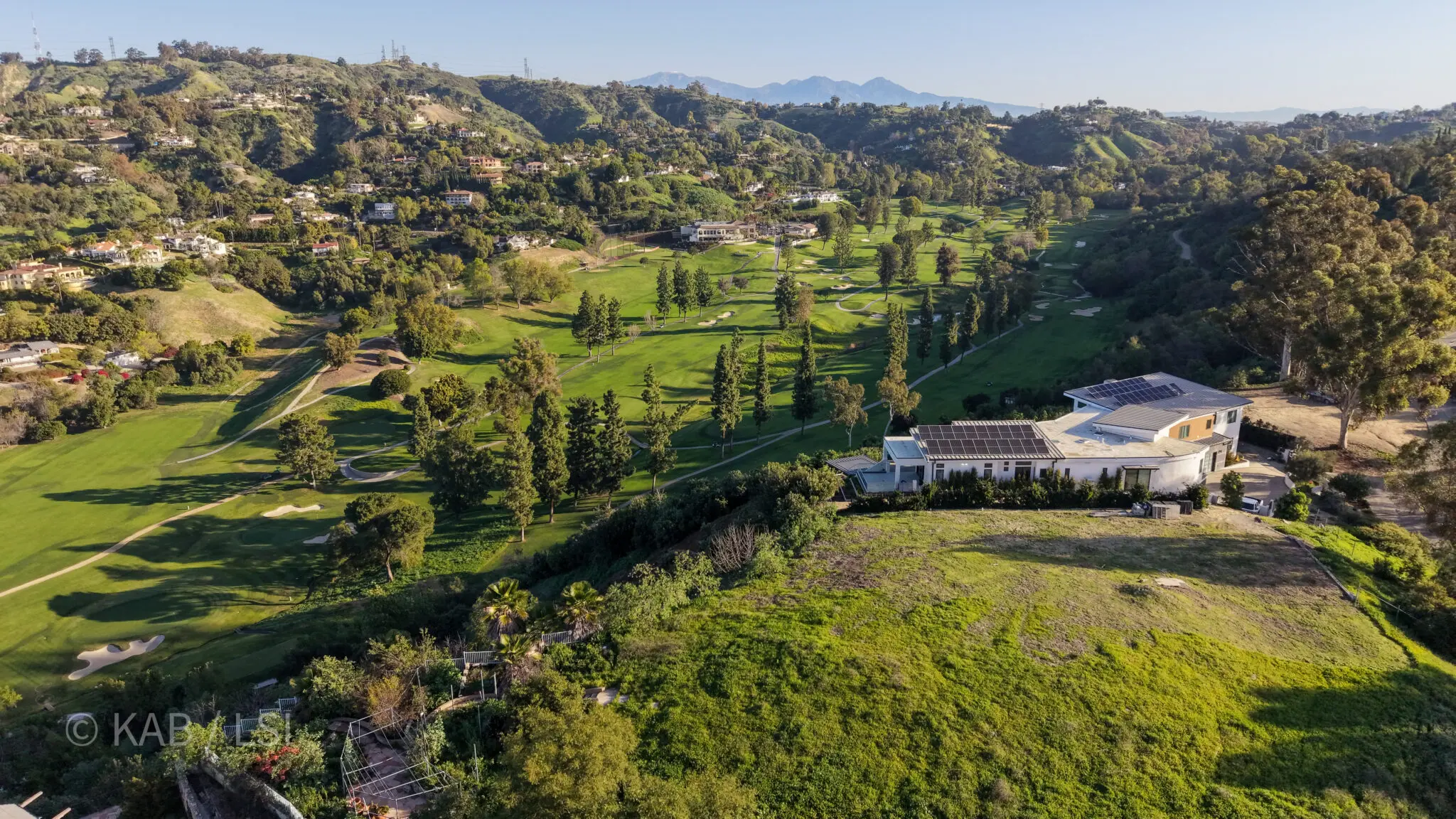 Aerial view of the Hacienda Golf Club fairways and clubhouse, La Habra Heights