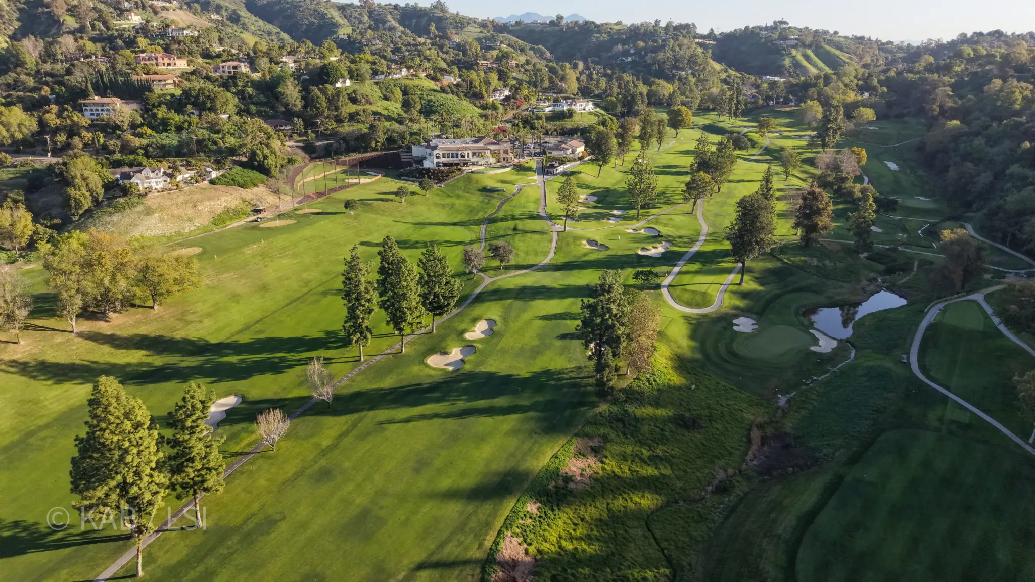 Aerial view of the Hacienda Golf Club fairways winding through La Habra Heights