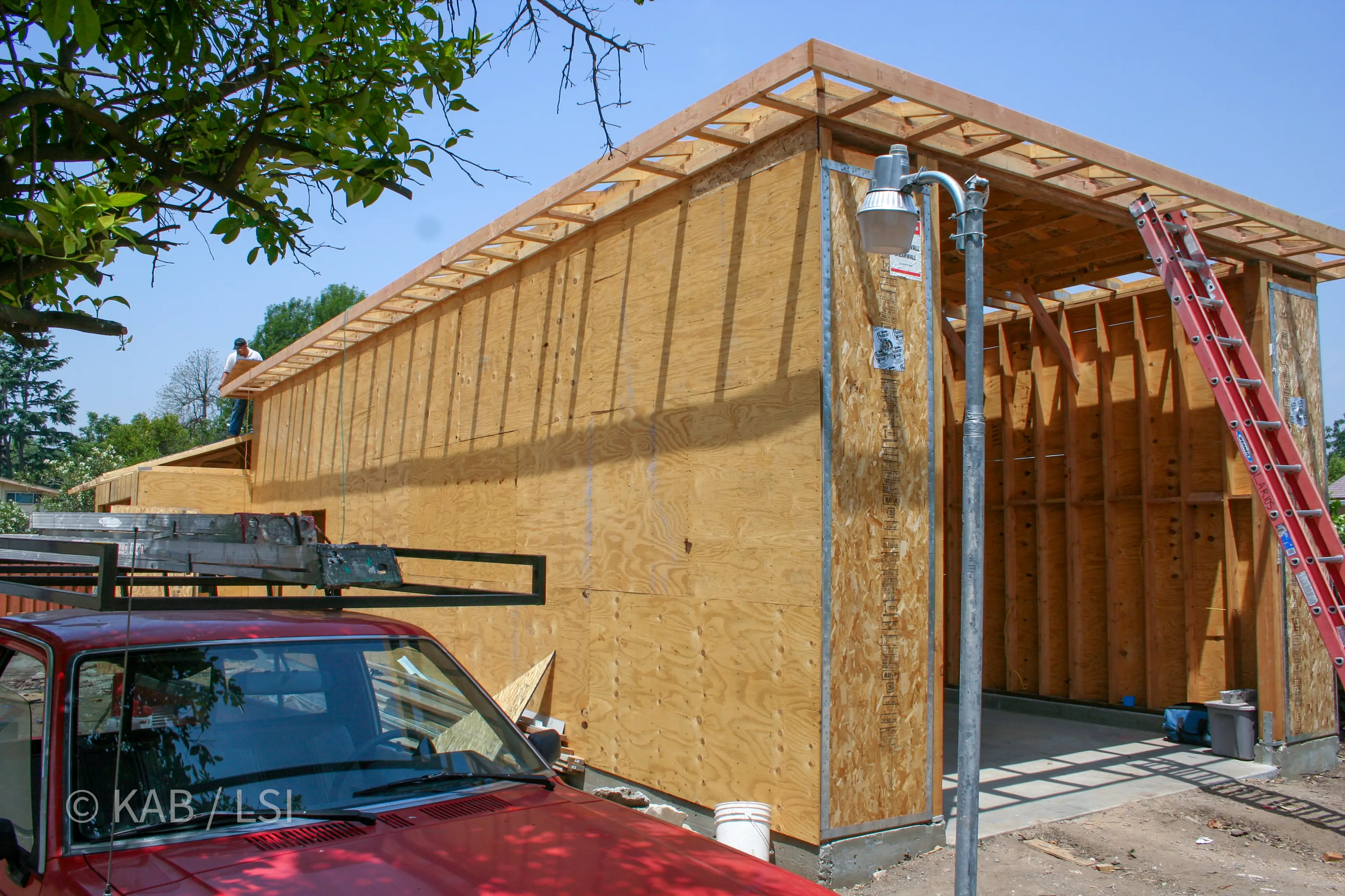Exterior side wall of the RV garage sheathed and ready for framing inspection © KAB/LSI