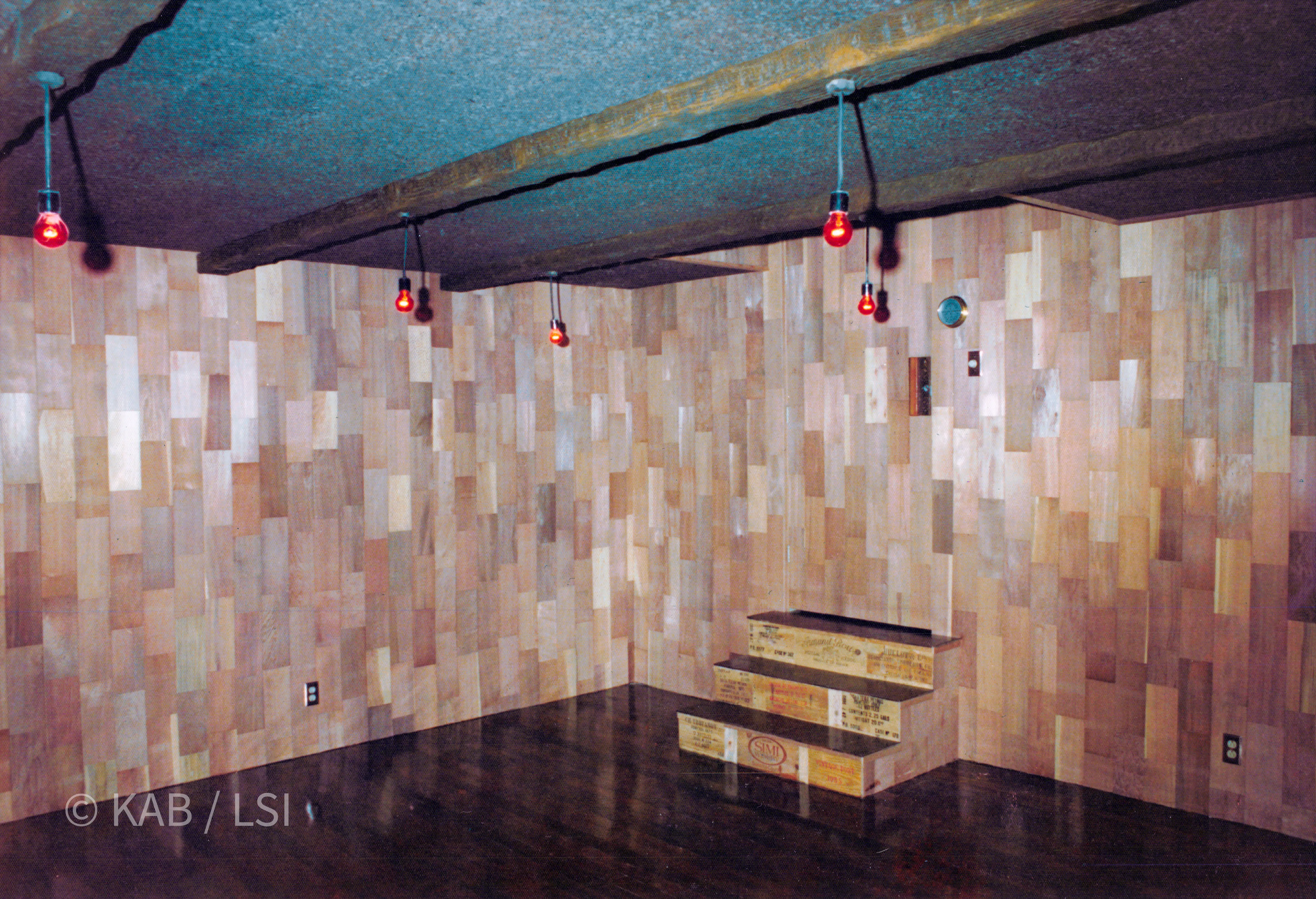The empty interior of a redwood-clad under-house wine cellar before racking, with a beamed ceiling, strung red bulbs, and crate-faced steps at the hidden door.