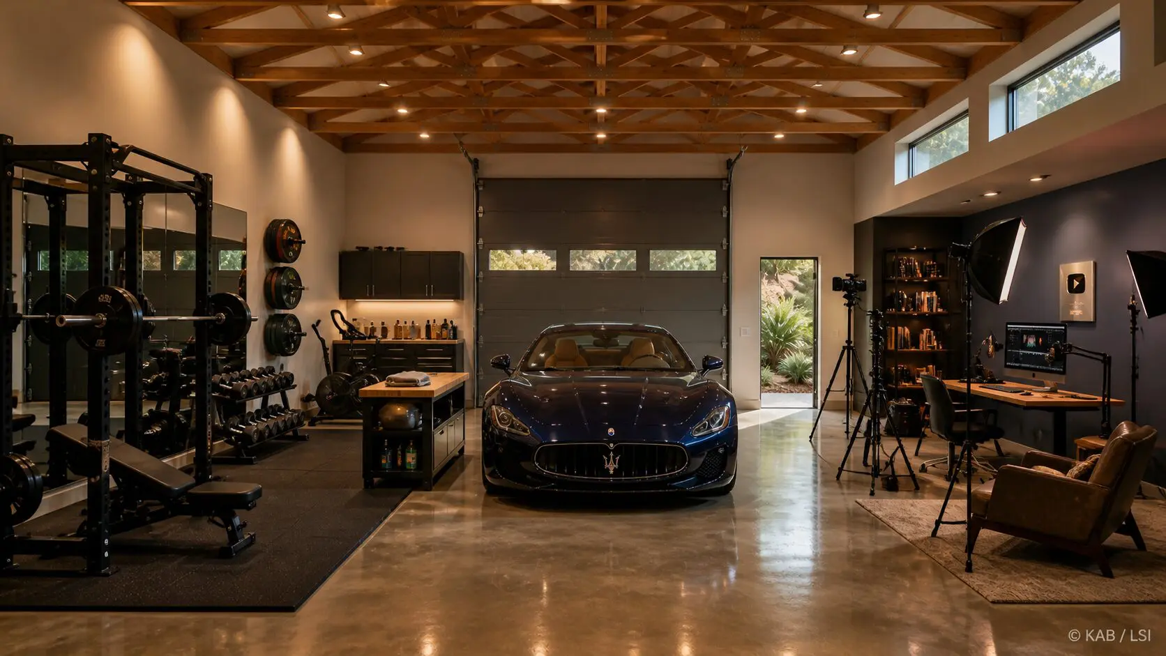 A homeowner RV garage with one van, a clean workbench, a covered project car. Hobbyist shop, residential scale.