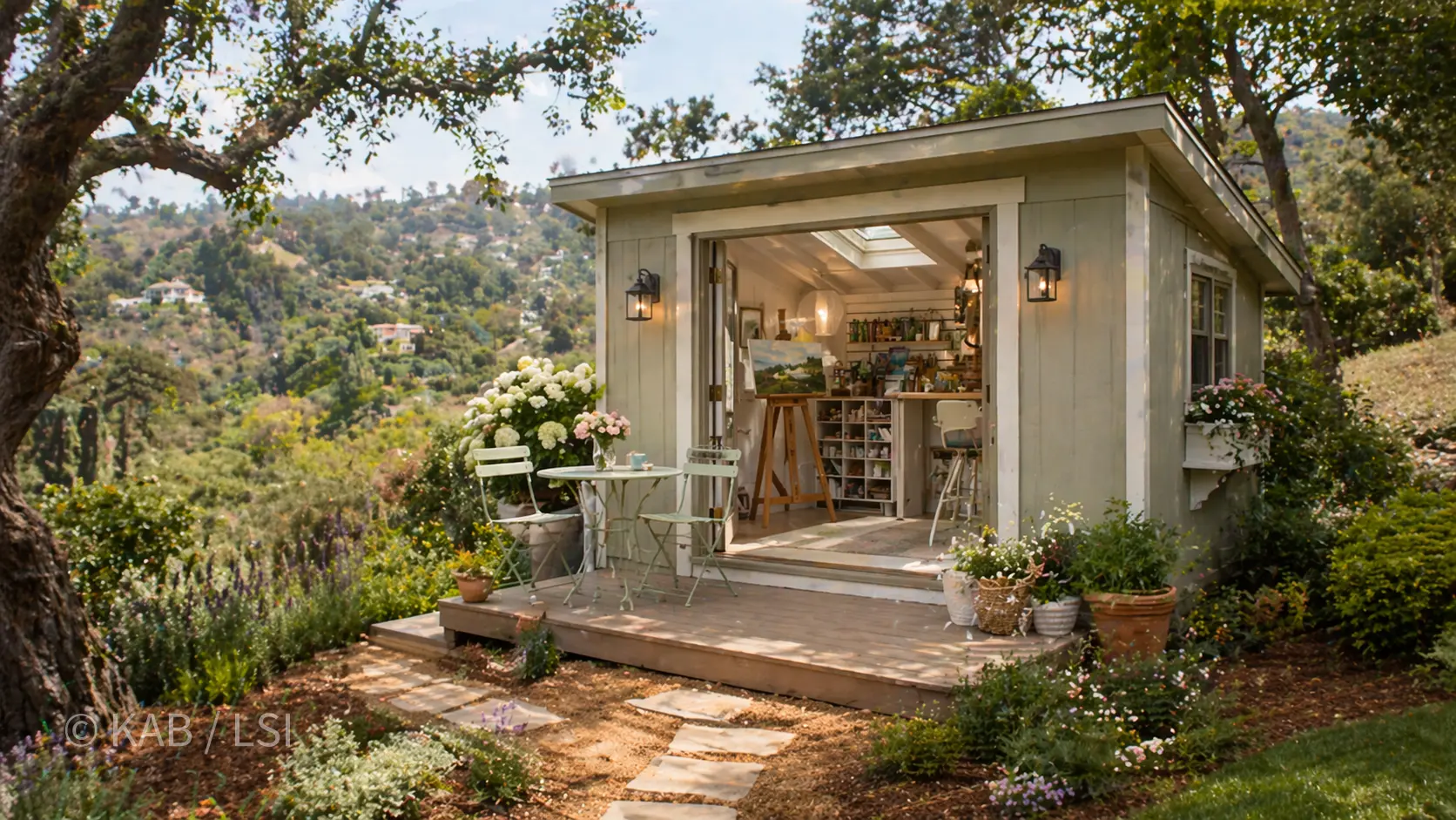 Custom hillside studio — La Habra Heights — bistro chairs on a deck, easel inside, hydrangeas, hilltop view of cascading neighborhoods