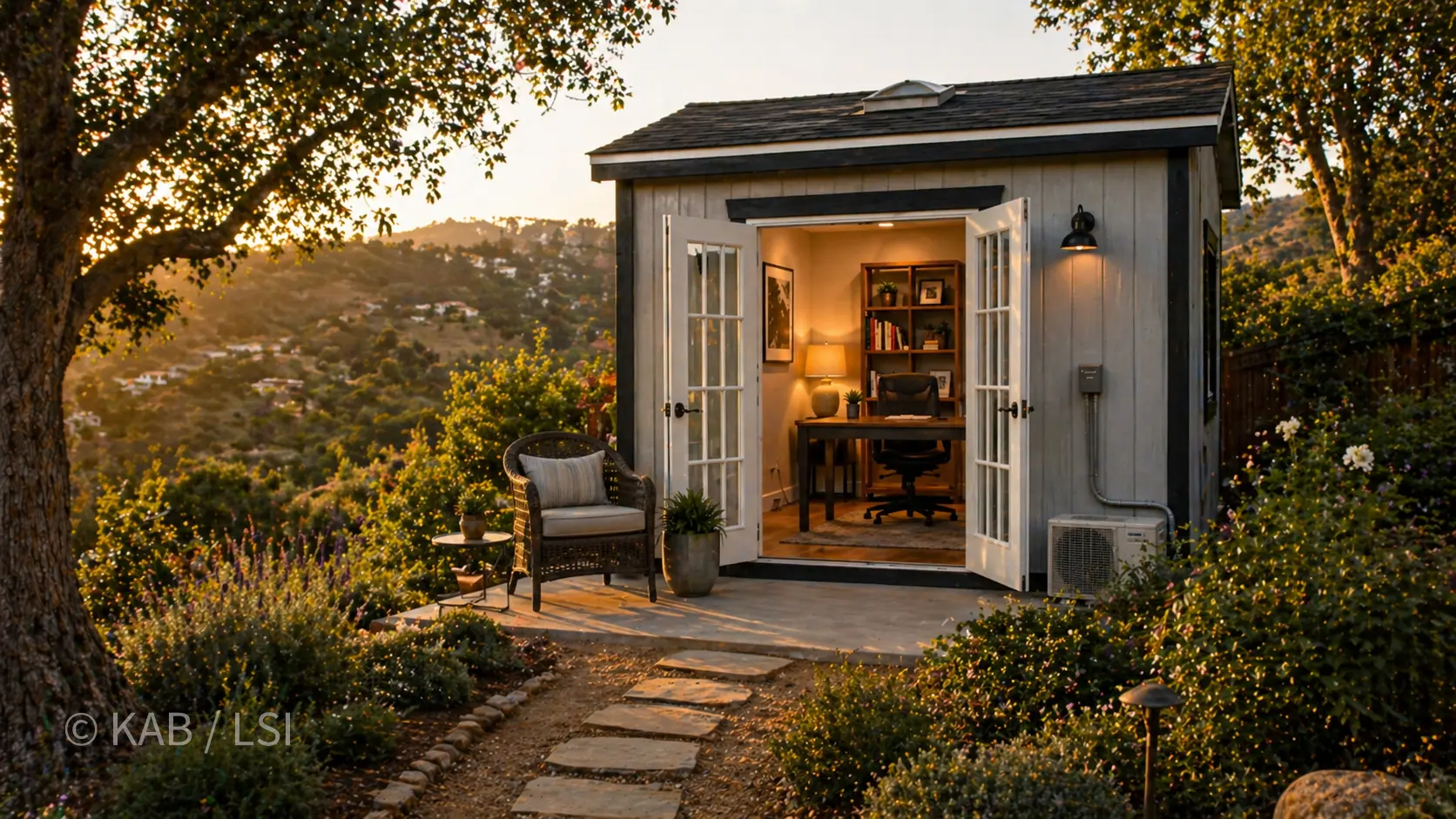 A finished hillside outbuilding at golden hour — French doors open onto a paver terrace, warm interior lighting, desk and bookshelf inside, mini-split heat pump and copper line-set visible on the side wall, flagstone path leading in through hillside garden, La Habra Heights view in the distance