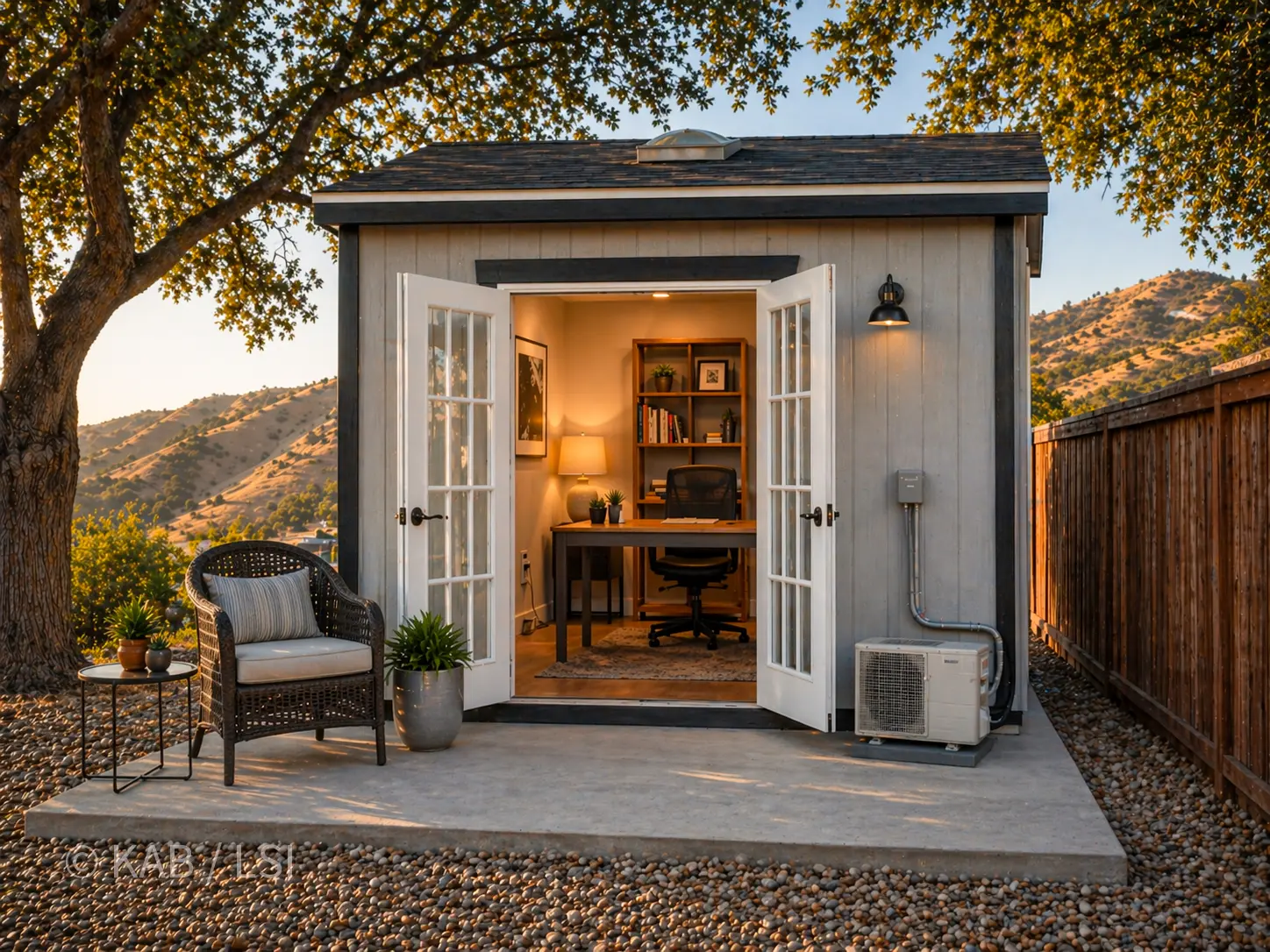 Custom hillside professional office — head-on view — French doors open at golden hour, warm interior, bookshelves, mini-split, hilltop hills behind