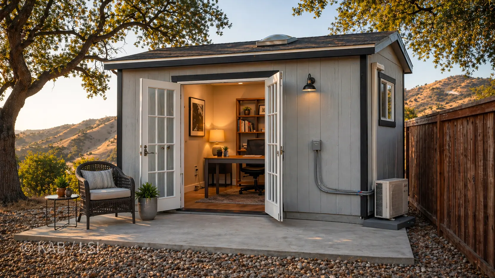 Custom hillside professional office — wider angle — French doors, mini-split, copper line-set, side window, gravel surround, golden hour