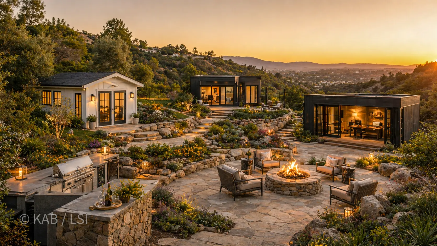 Custom outbuildings on a La Habra Heights hillside — three separate structures, stone terracing, firepit, outdoor kitchen, sunset