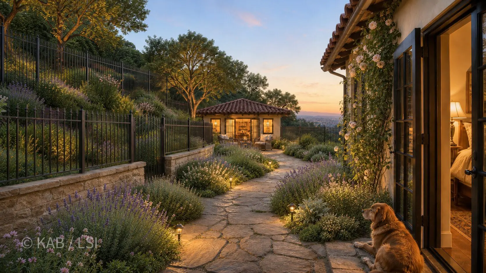 A La Habra Heights master suite at dusk — French doors opened onto a flagstone path lined with lavender, wrought iron fencing, and a secured outbuilding beyond, city lights below.