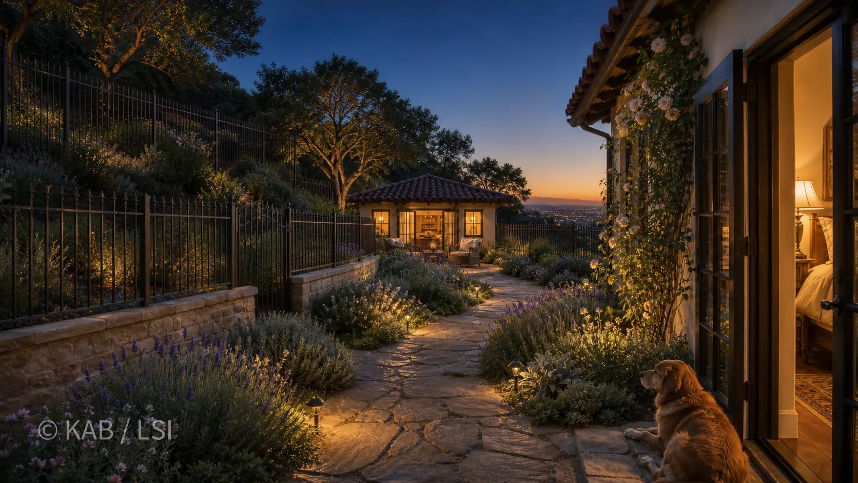 A hillside master suite opening through glass doors onto a planned, secured outdoor room — garden, light, and protected ground just beyond the threshold.