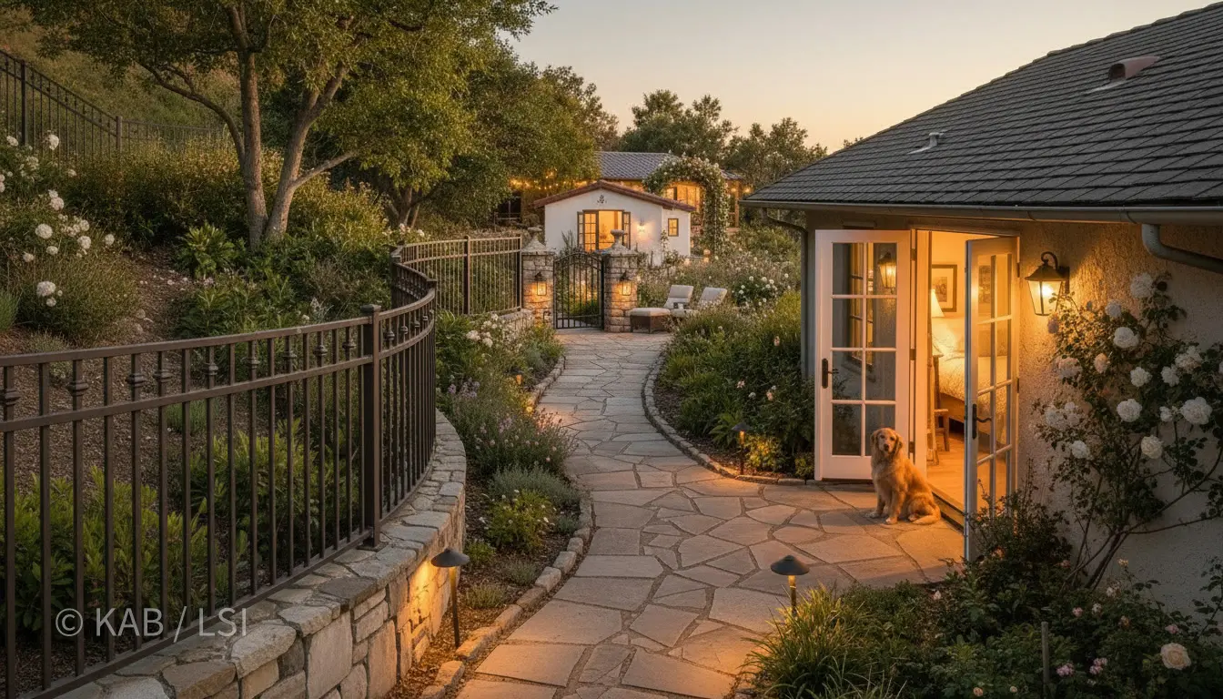 A lit stone pathway from a main house to a small outbuilding at twilight — a golden retriever sits at the open French doors.