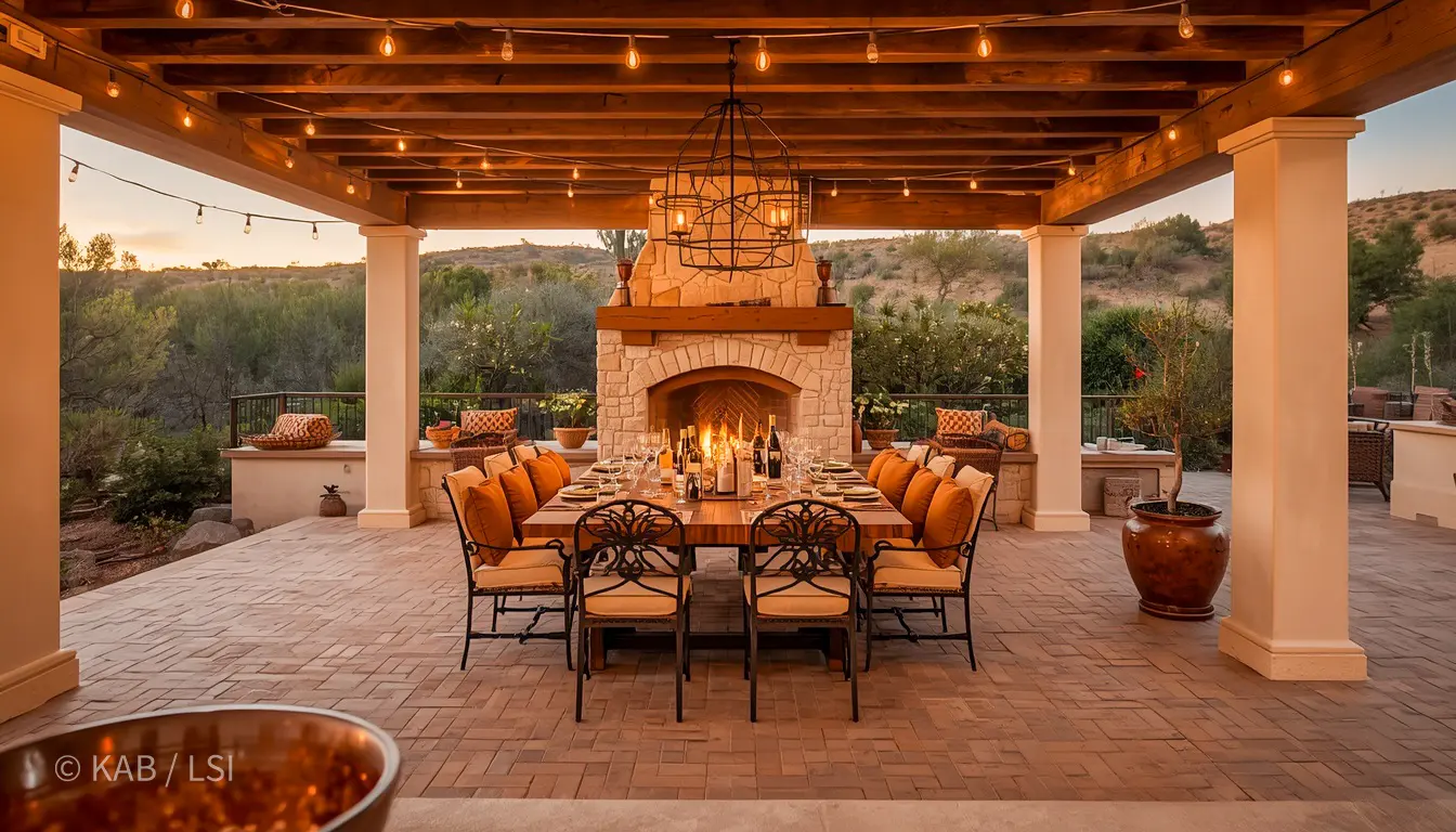 Concept rendering of a La Habra Heights pergola dining destination at dusk — wood-beam ceiling with string lights, central iron candle chandelier, stone fireplace, long candlelit table with wine bottles and place settings for eight, framed by twin columns opening to chaparral hillside on both sides