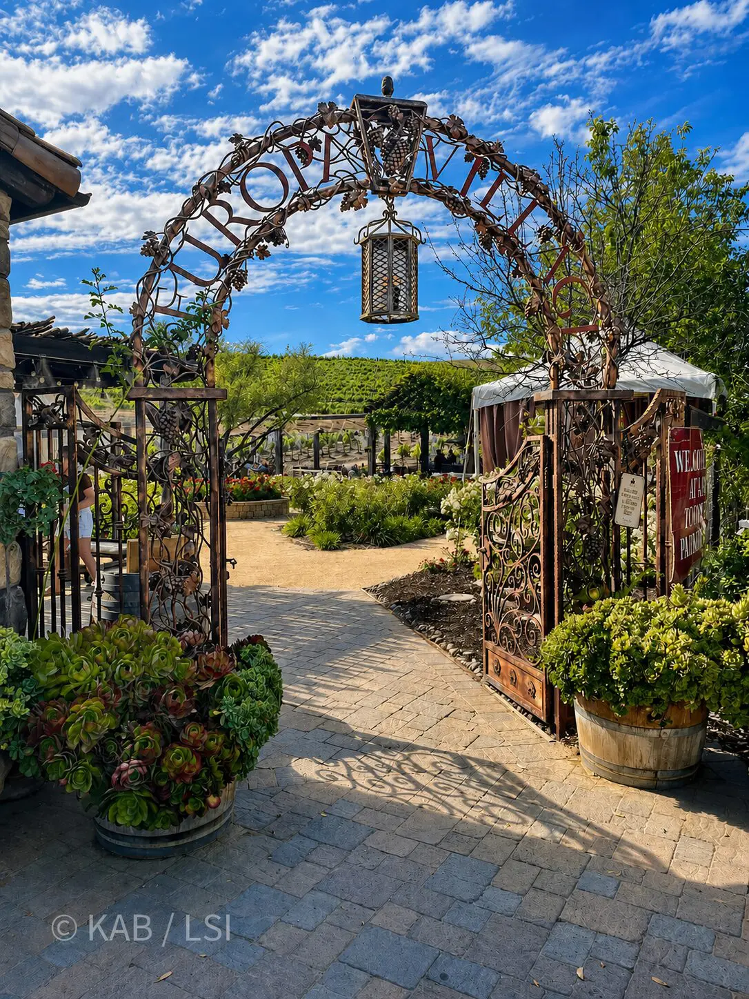 A wrought-iron entrance archway with grape-vine scrollwork and a hanging lantern, opening onto a winery garden and vineyard under a blue sky.