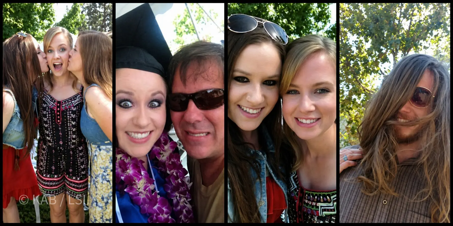 A four-panel family collage: Megan with family friend Mallory and Sherri; Megan with her Uncle Mike; Megan and Mallory together; Joshua hiking the Pacific Crest Trail.