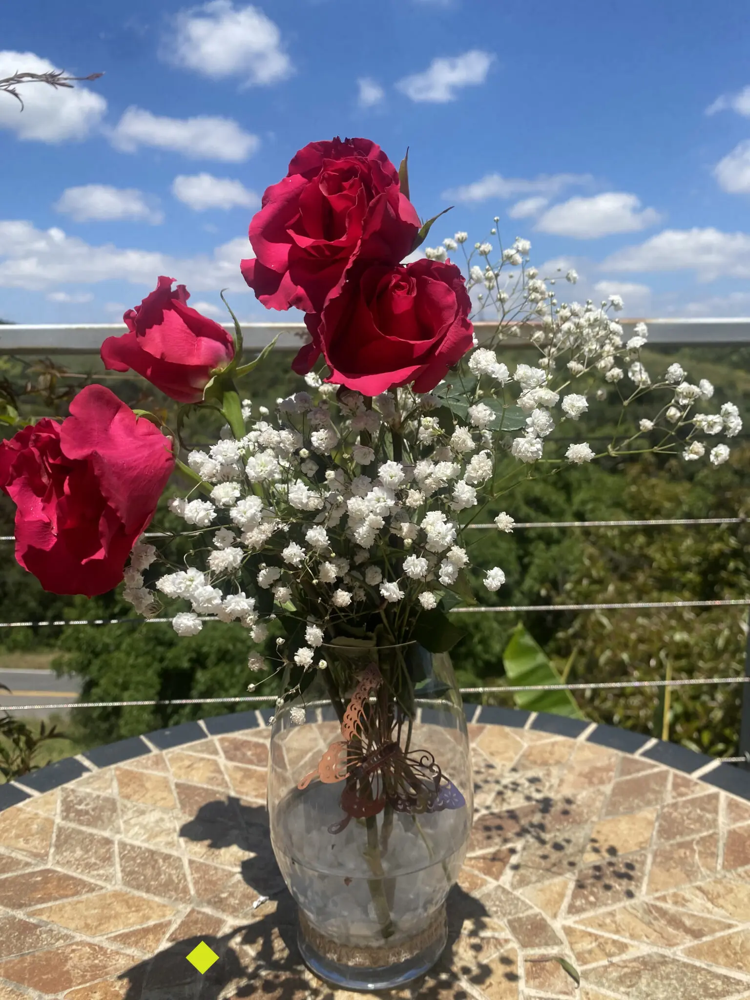 Wraparound observation deck on a La Habra Heights hillside home — cable rail, French doors open behind, view out over the hills at dusk