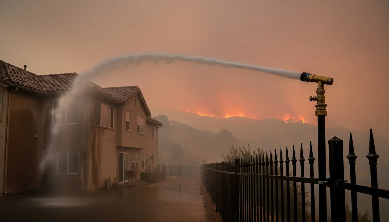AI illustration — brass suppression nozzle on iron fence post, water arc hitting house, wildfire on hillside behind