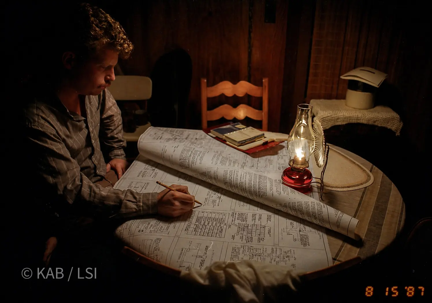 Keith Bennett by kerosene lamp in a rustic Idyllwild cabin on August 15, 1987, working on engineering plans for the MDB Systems buildout.
