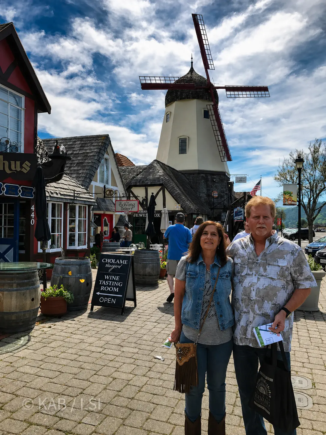 Sherri and Keith Bennett on the main street of Solvang, California — a Danish-themed town often visited between wine-country tasting rooms.
