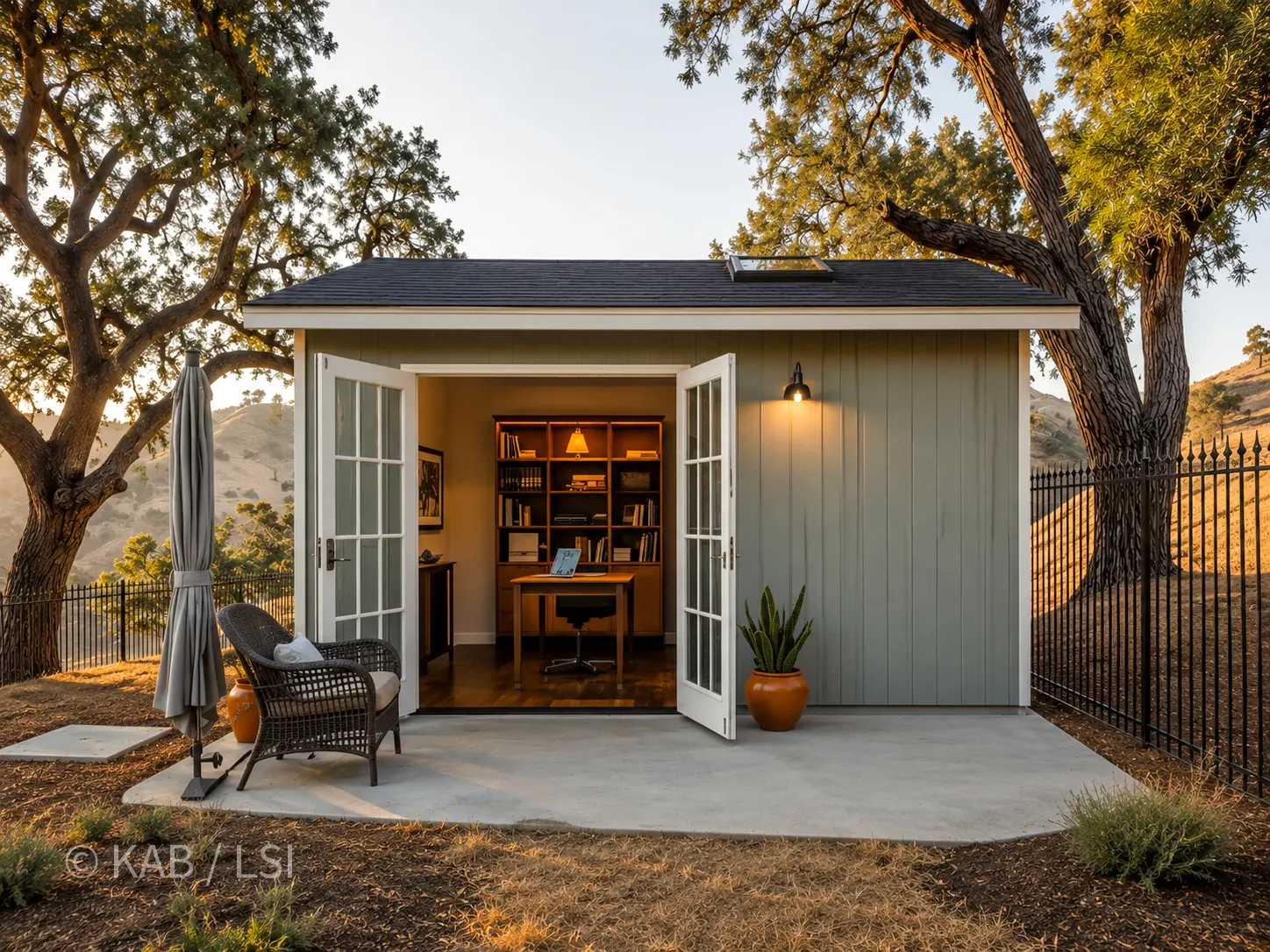 A backyard office — a small purpose-built outbuilding with a real door, real windows, and real walls, set quietly into a residential yard.
