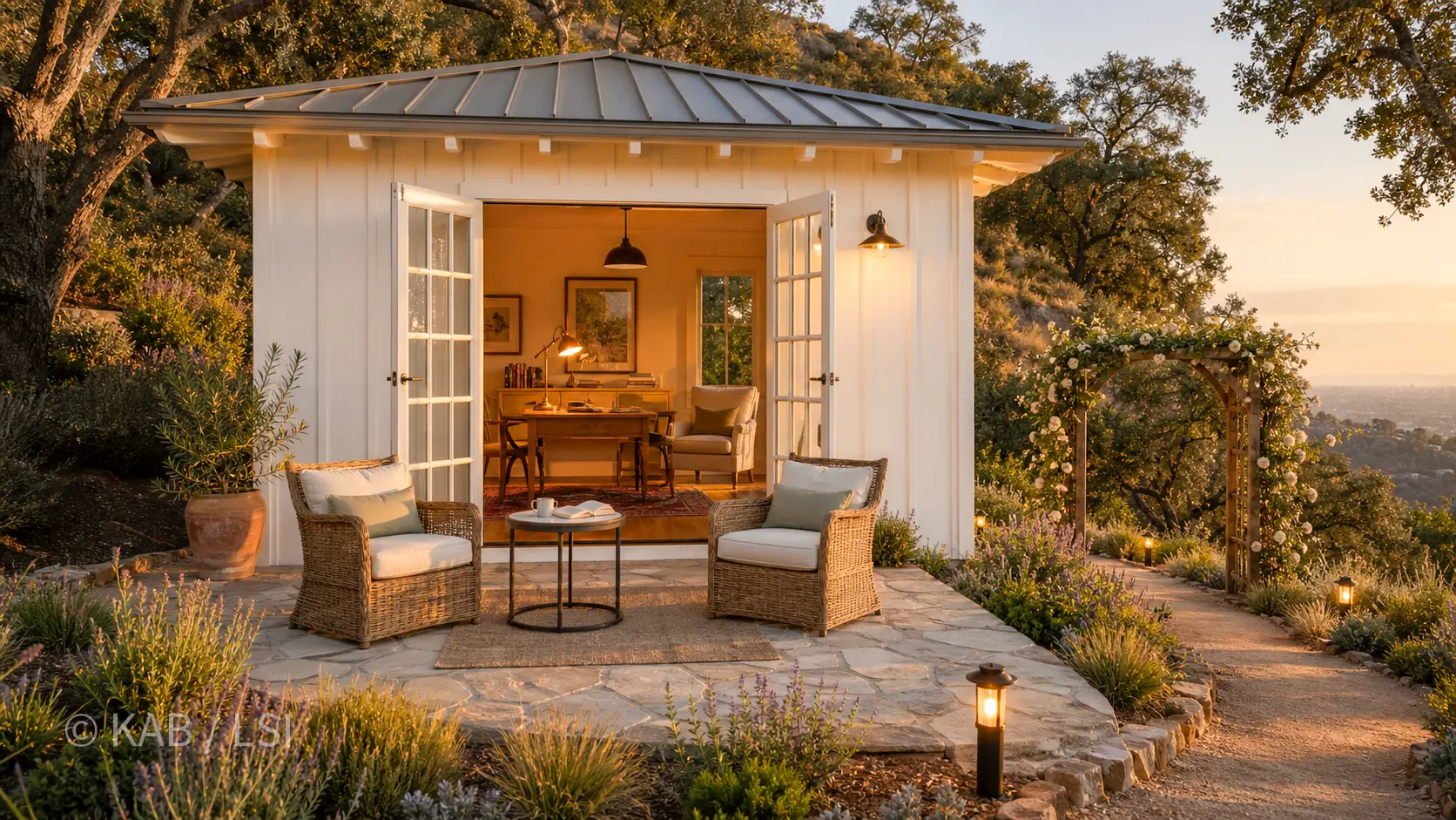 The lighter, detached office at the end of the path, white board-and-batten with French doors open at golden hour.