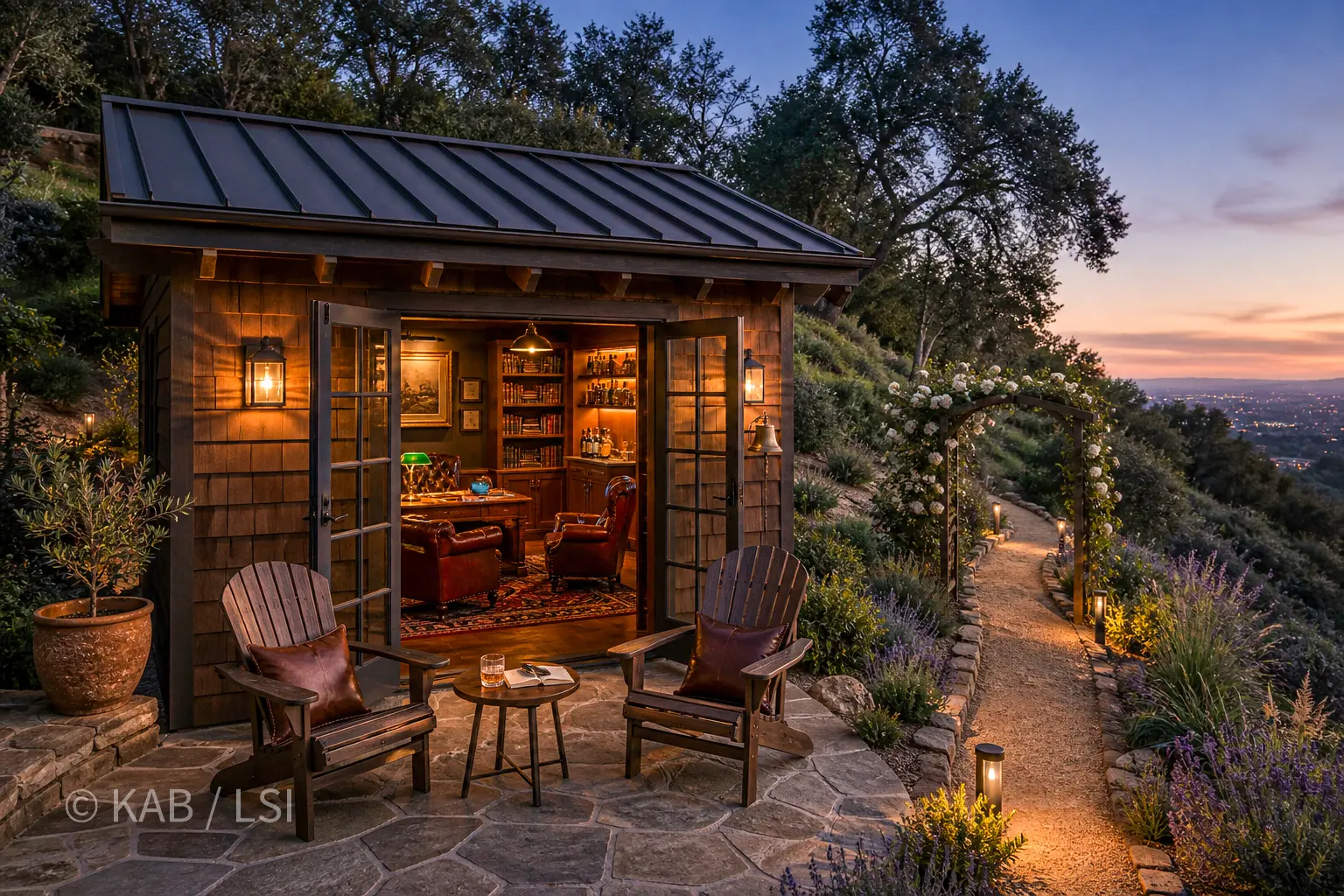 The Partner's Office at dusk, cedar shingle exterior with warm interior visible through open French doors.
