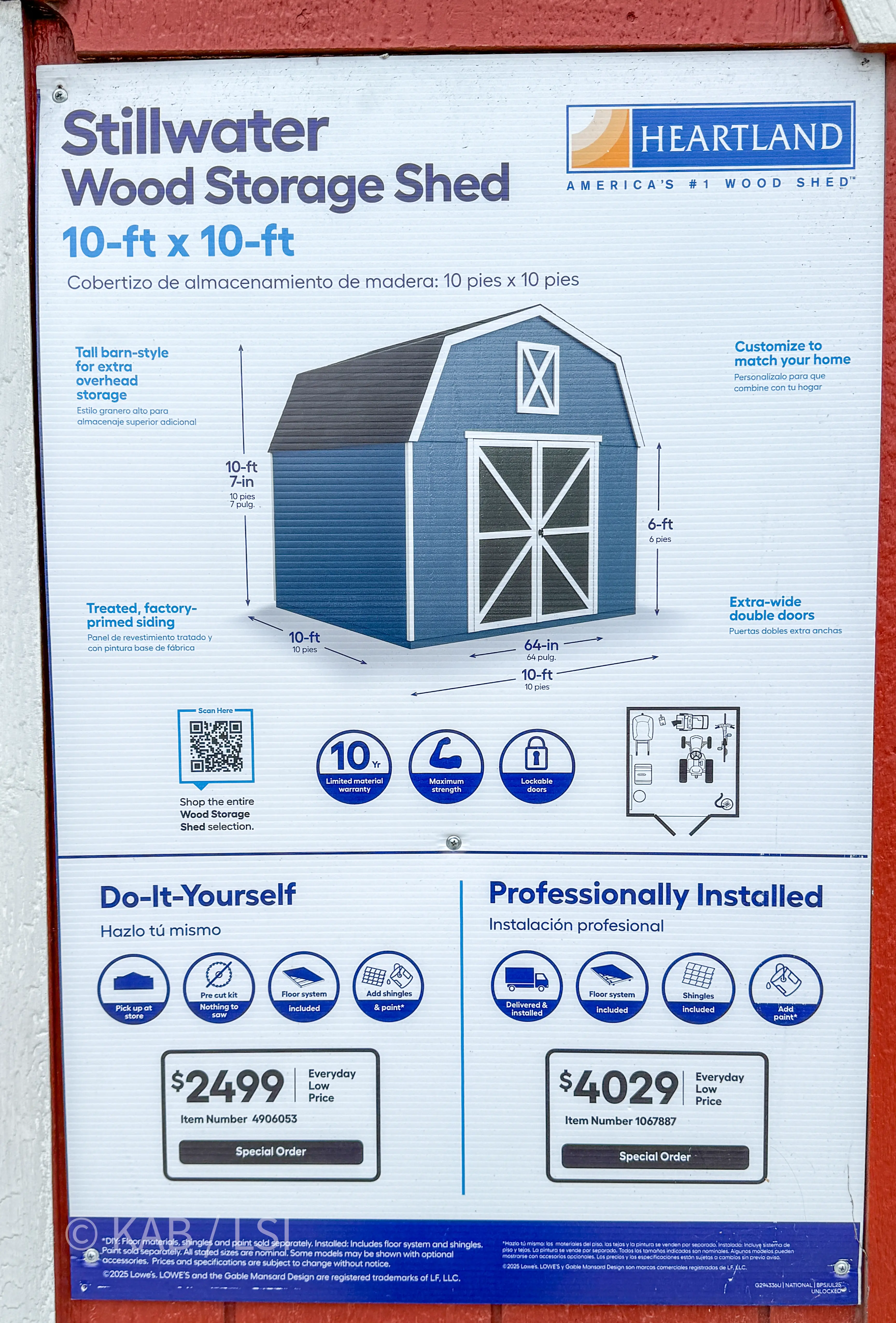 Heartland Stillwater wood storage shed spec placard close up at Lowes