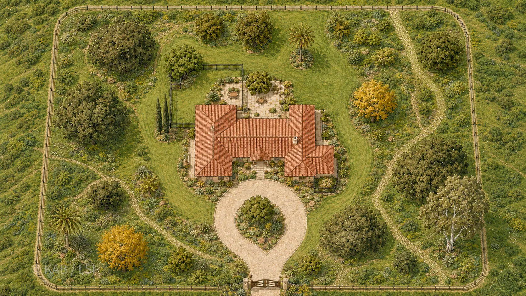 A plot plan illustration of a one-acre La Habra Heights hillside property — a light perimeter fence at the property line and a close-in wrought-iron yard hugging the master suite.