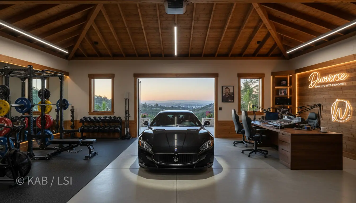 A 30-by-60 covered private space on a hillside lot — home gym in one corner, sports car in the center, YouTube studio in the other corner. Lifestyle build.