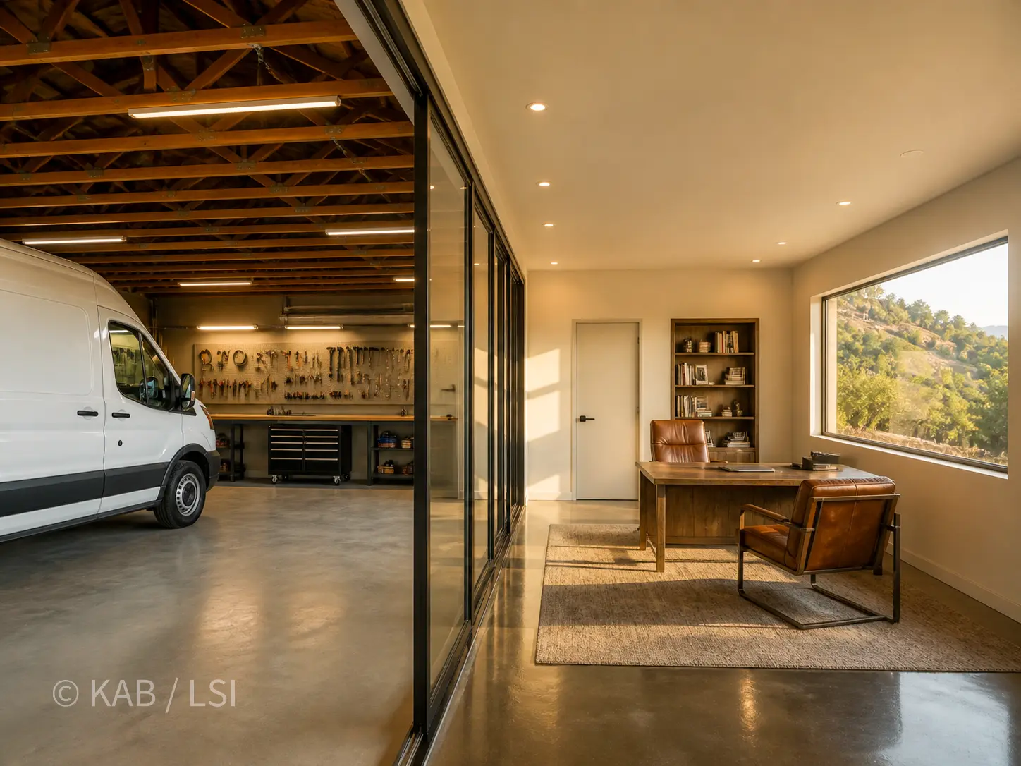 An RV garage interior fitted out as an HVAC contractor’s workspace — service van inside, tool storage, a small office nook with a hillside view.