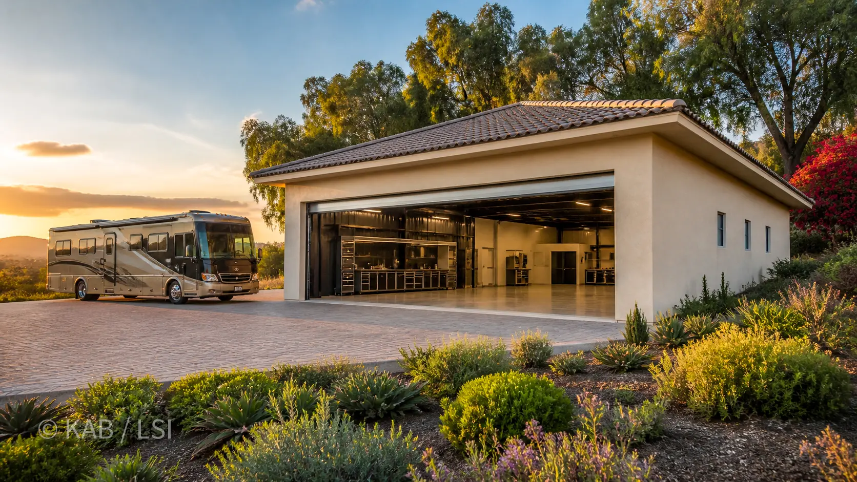 A custom RV garage on a hillside acre lot in La Habra Heights, with a full-size Class A motor home parked beside it for scale — the motor home reads as small next to the building. Concrete tile roof, three-foot eave overhang, golden hour light, foothills and distant sunset behind.
