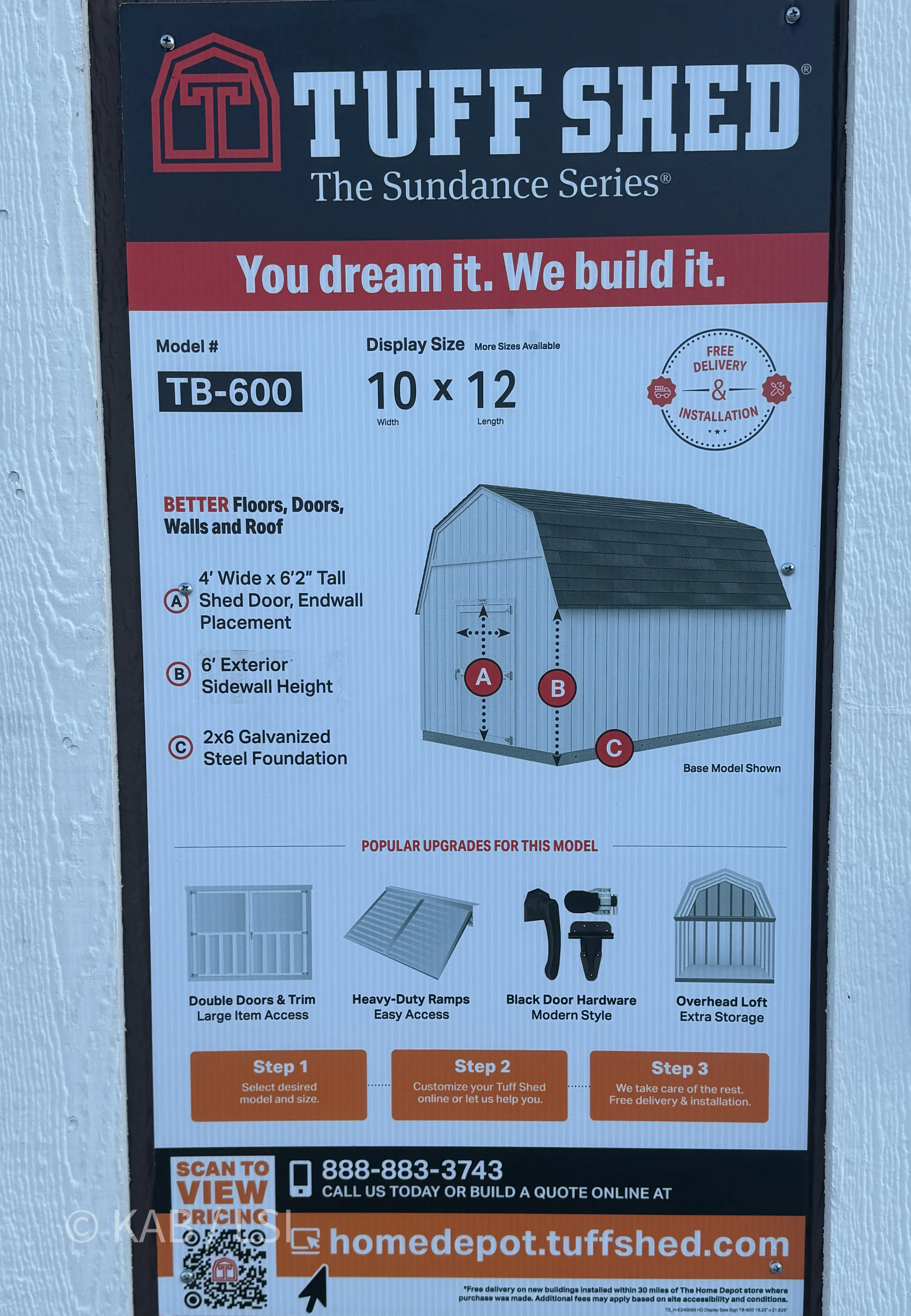 Tuff Shed TB-600 in-store sales placard at Home Depot showing construction details and fine print