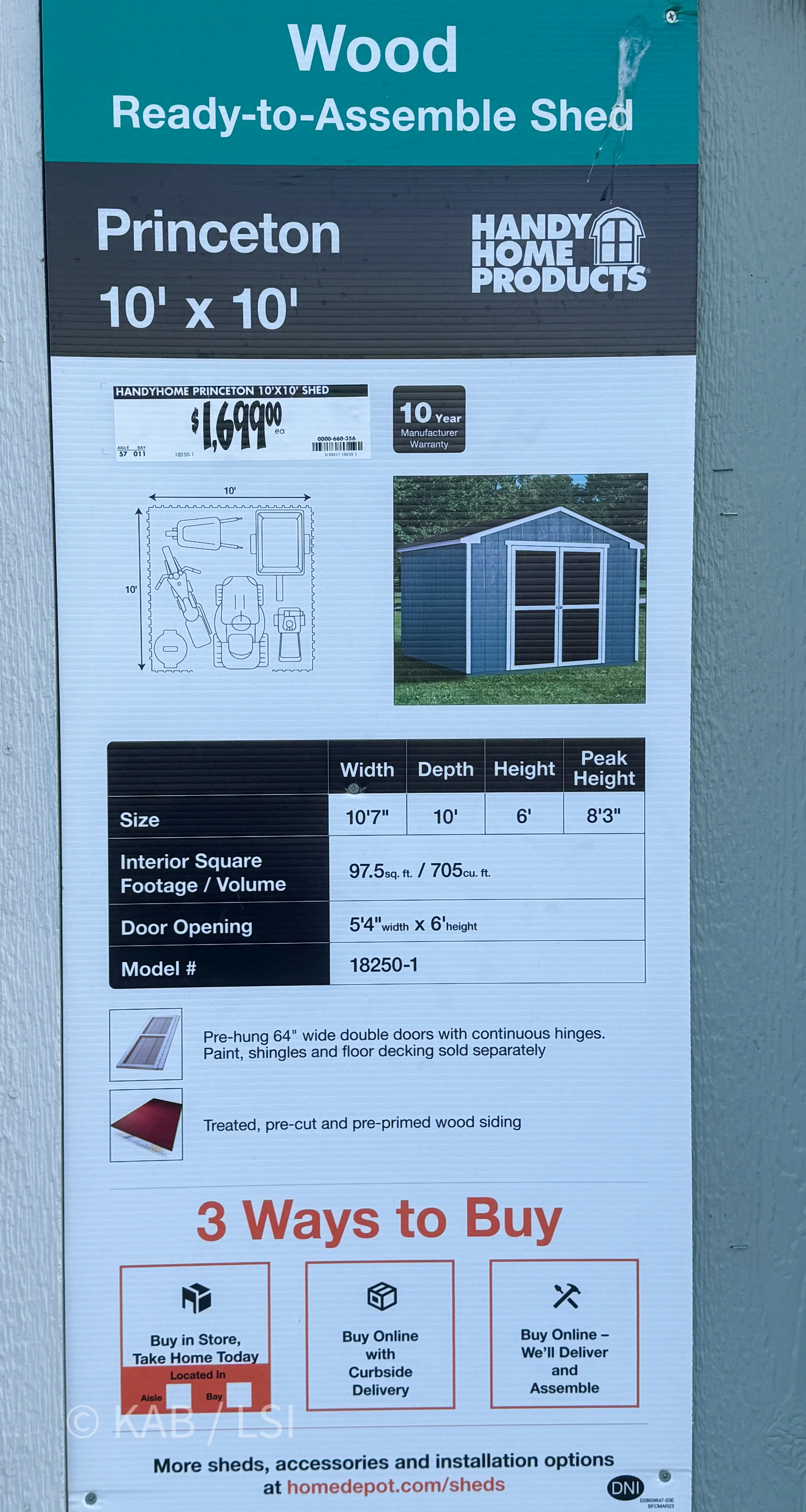 Handy Home Products Princeton 10 by 10 ready-to-assemble shed placard at Home Depot priced $1,699 with paint shingles and floor decking sold separately