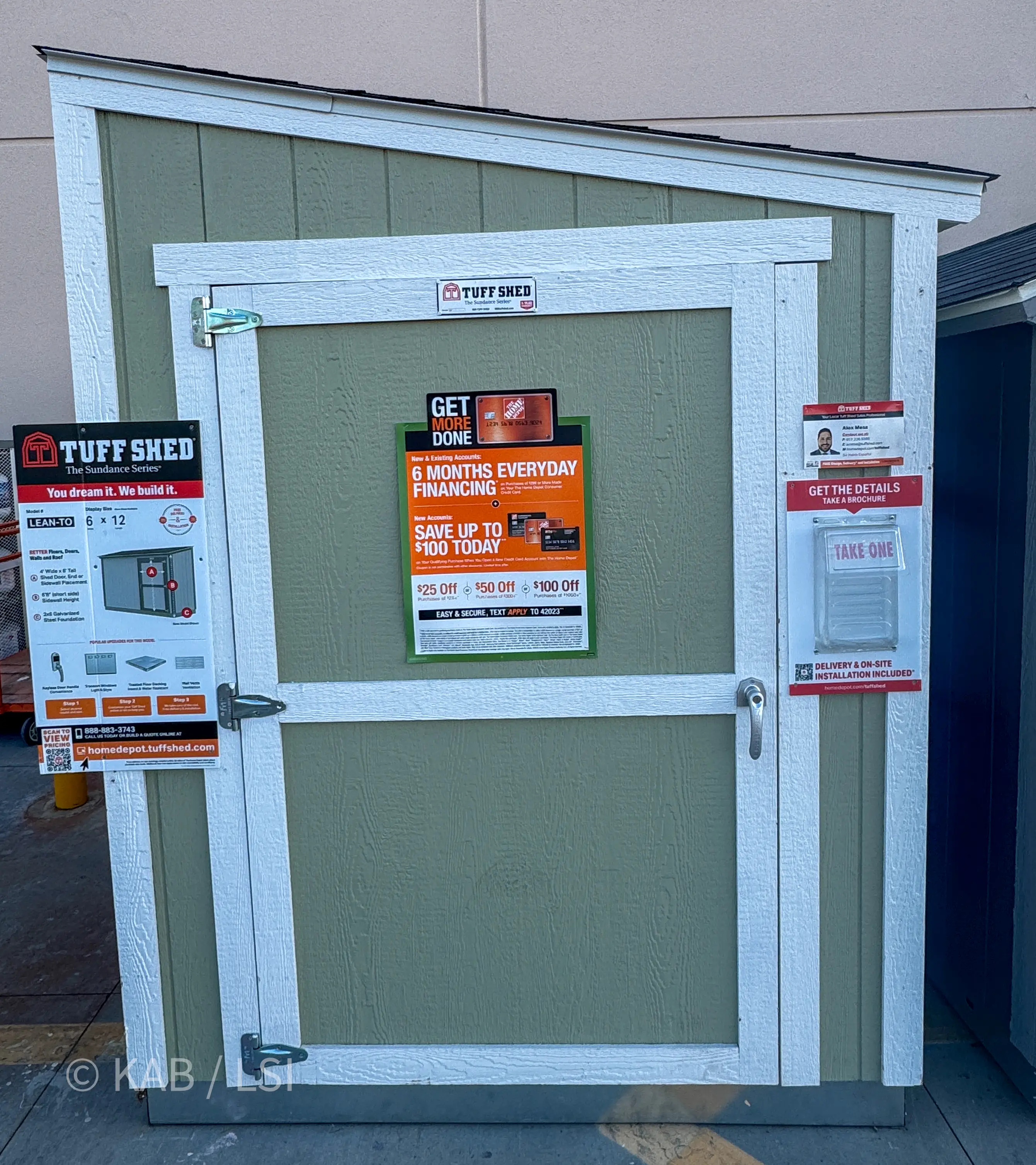 Tuff Shed Sundance LEAN-TO 6 by 12 sage green wall adjacent shed at Home Depot