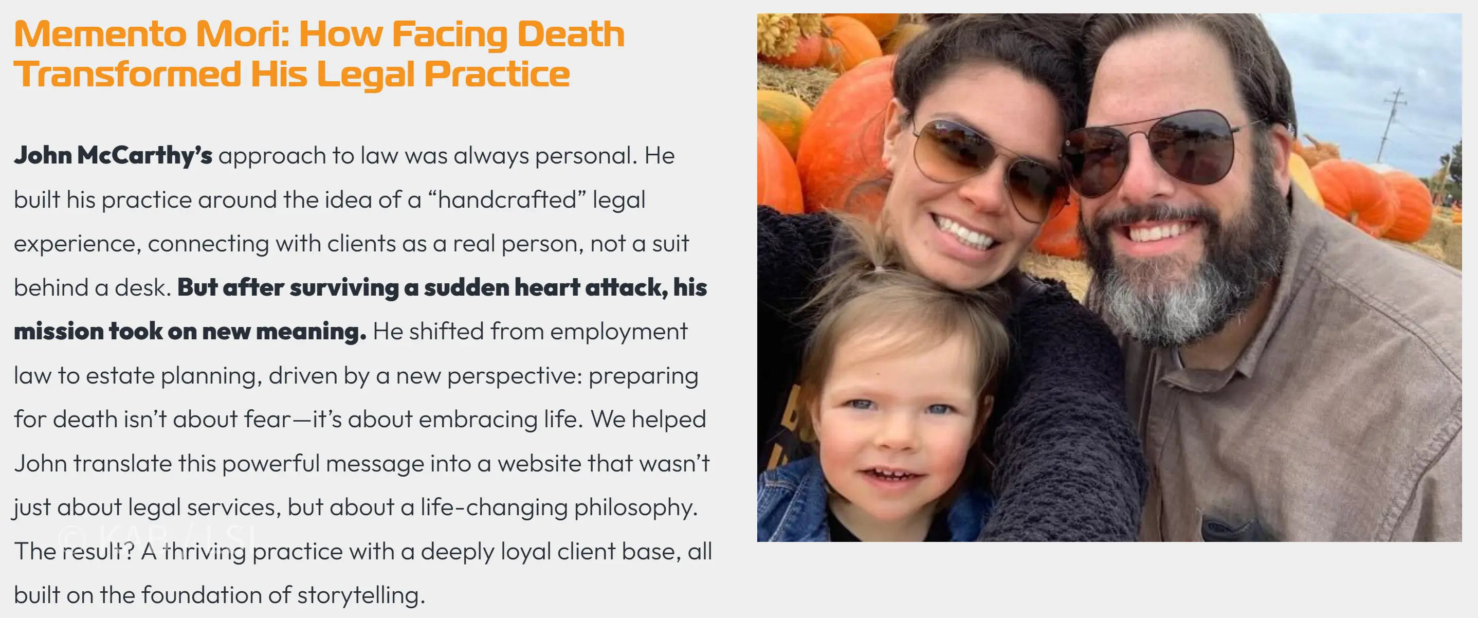 John McCarthy, an estate-planning attorney, photographed in a sunlit pumpkin patch with his wife Lyric and young daughter Rosie. All three lean together for a selfie. SDA case-study panel headline: Memento Mori — How Facing Death Transformed His Legal Practice.