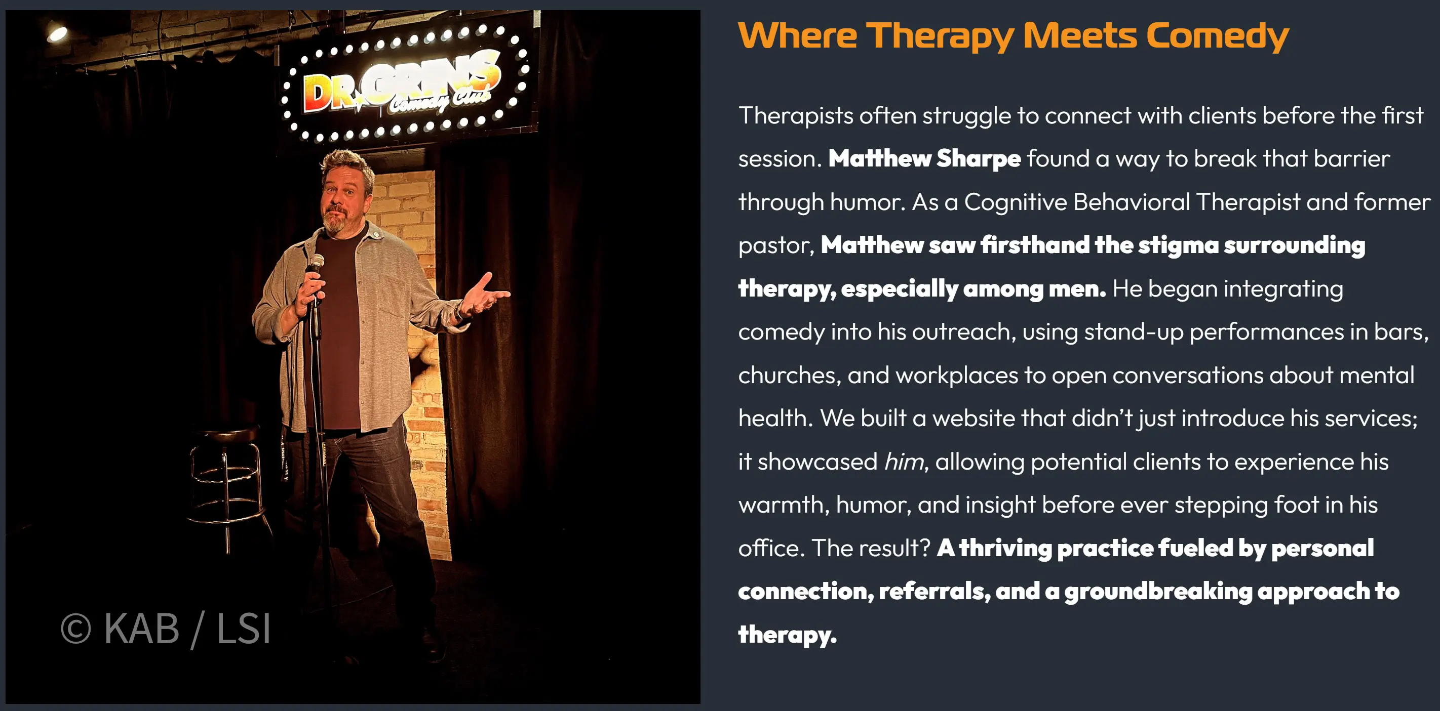 Matthew Sharpe, Cognitive Behavioral Therapist and former pastor, performing stand-up comedy on stage at Dr Grins Comedy Club. SDA case-study panel headline: Where Therapy Meets Comedy.