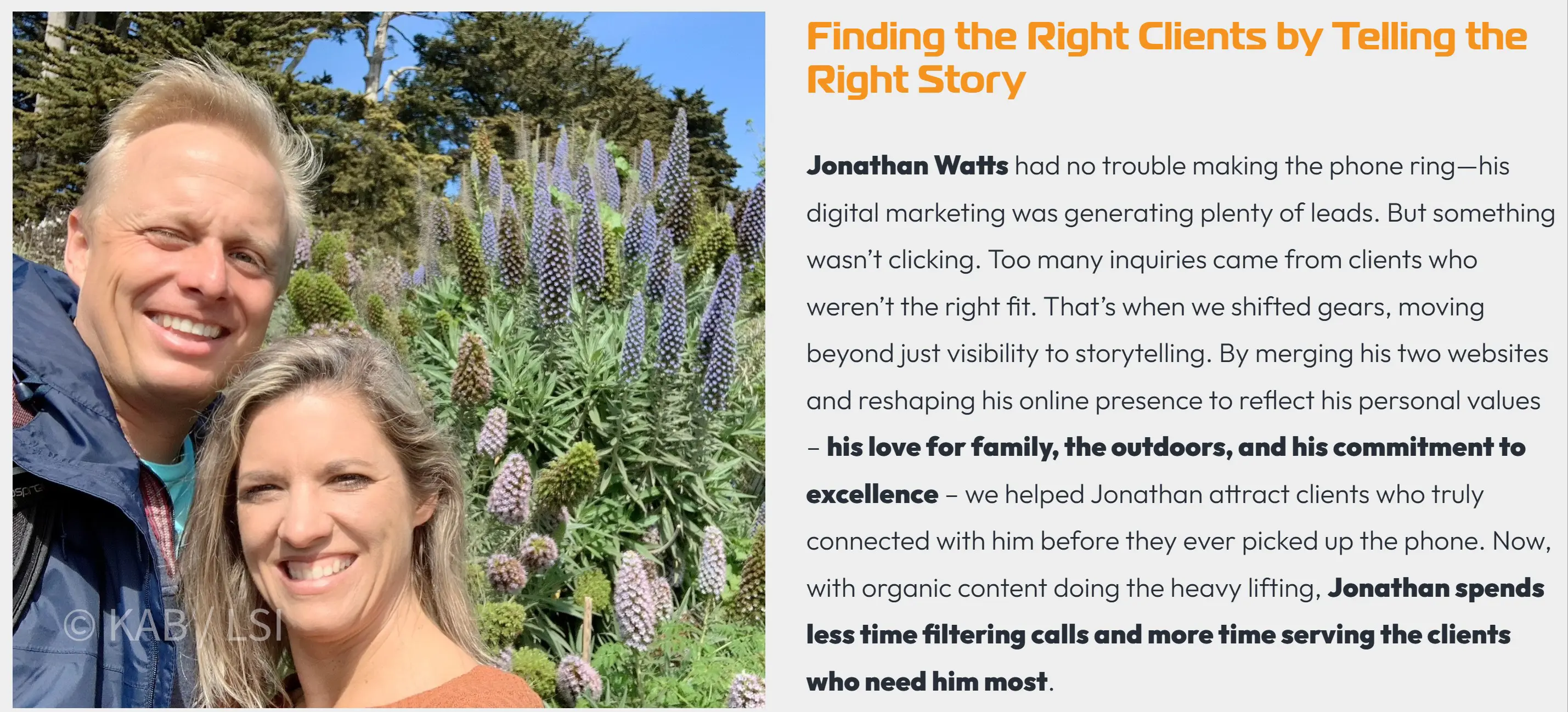 Jonathan Watts, a tax attorney, smiling outdoors with his wife in front of California native lupine flowers under a bright blue sky. SDA case-study panel headline: Finding the Right Clients by Telling the Right Story.