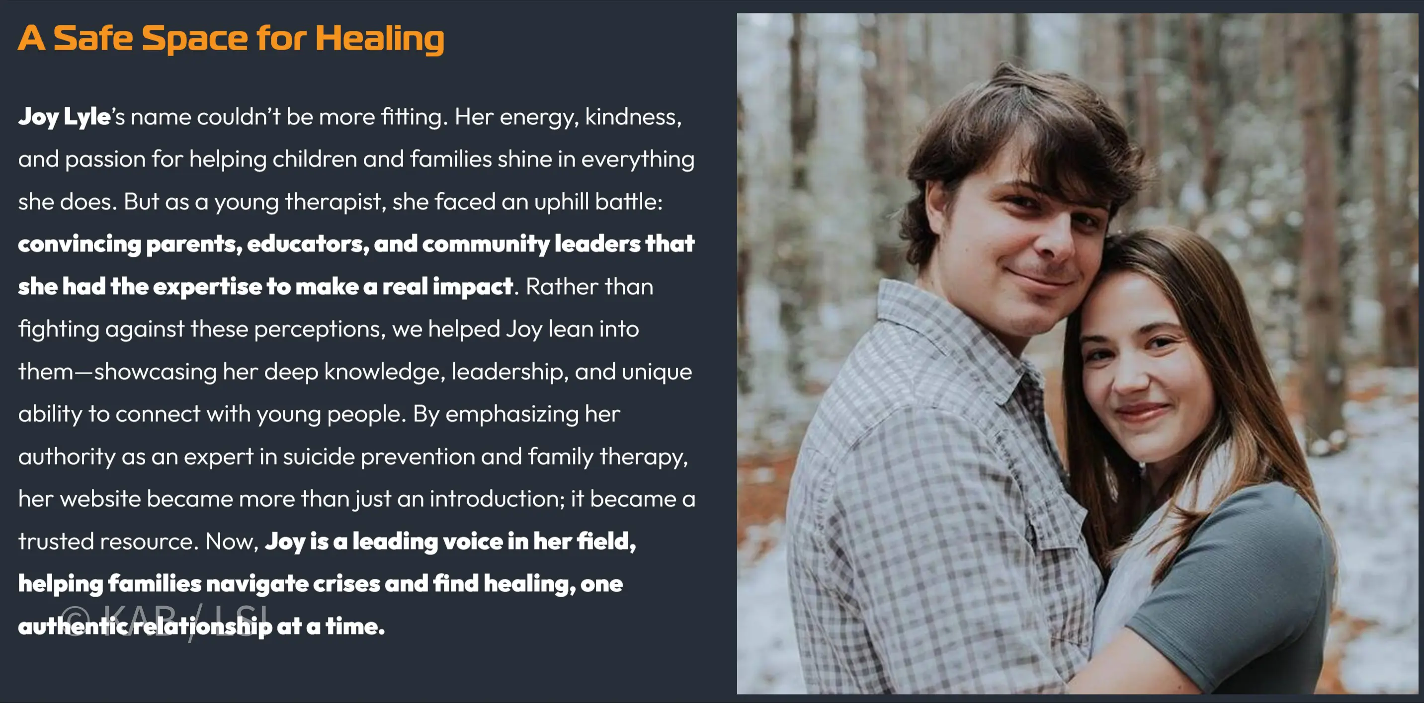 Joy Lyle, a young therapist specializing in adolescent mental health and suicide prevention, photographed cheek-to-cheek with her partner in a winter forest. SDA case-study panel headline: A Safe Space for Healing.