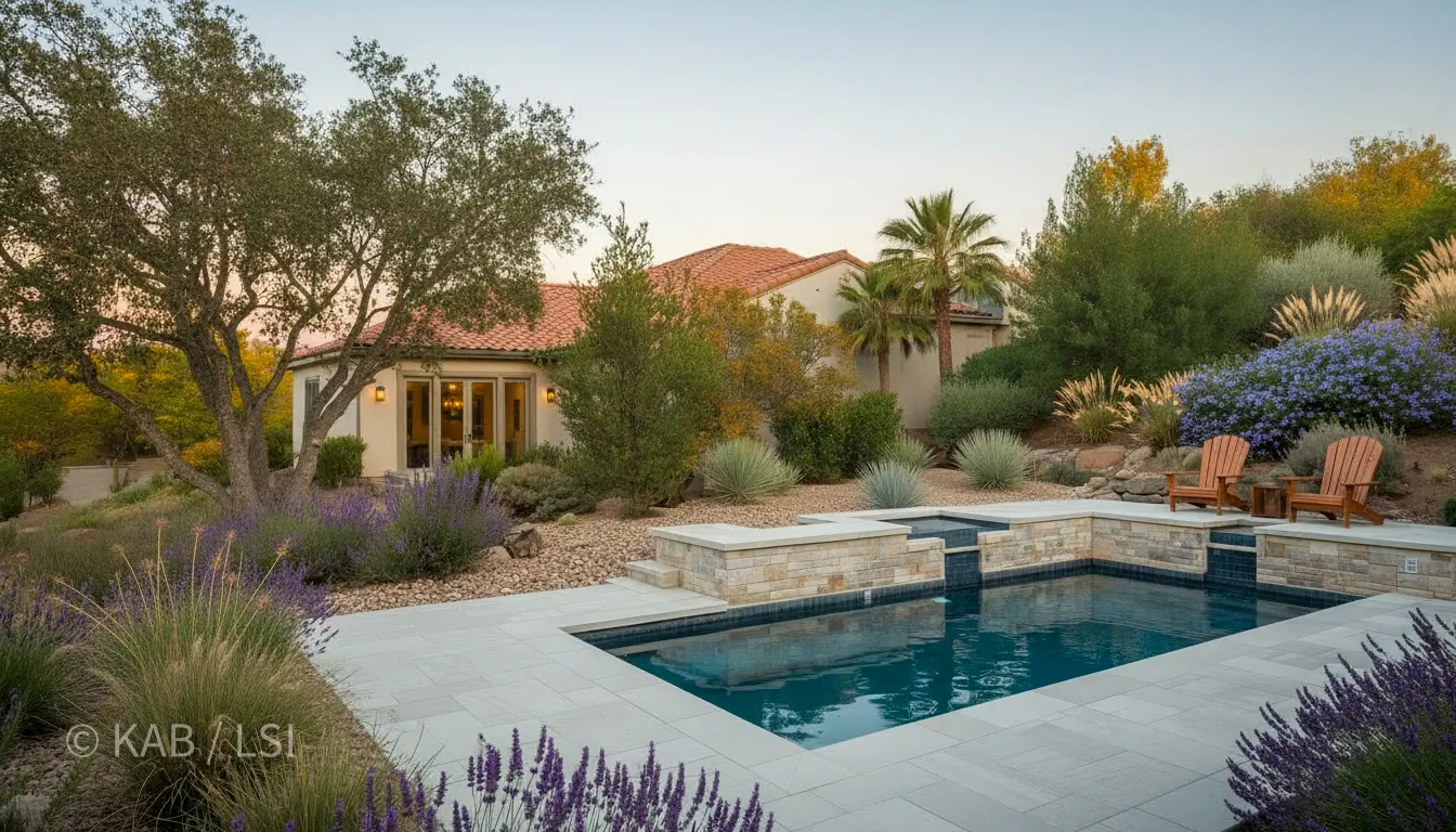 A compact swim spa cut into a chaparral hillside behind the master-suite wing of a Mediterranean home, with stacked-stone retaining wall and lavender along the deck.