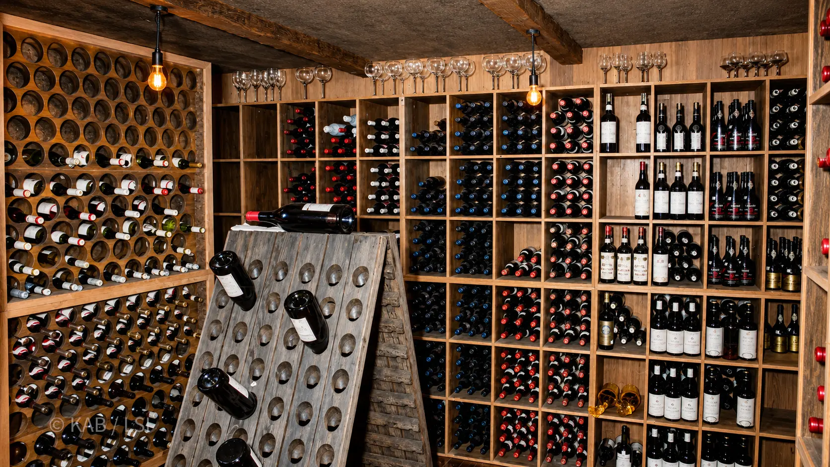Corner of a large 6,000-bottle residential wine cellar with redwood racking and a riddling rack.