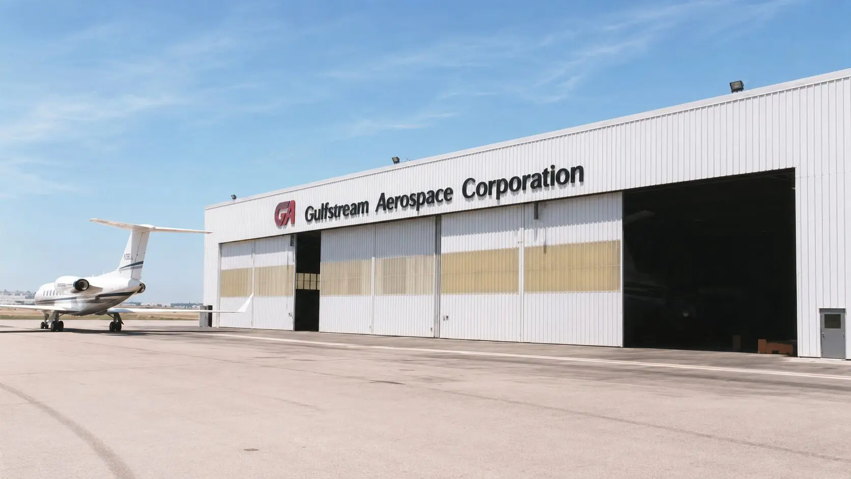 Gulfstream Aerospace Corporation interior-outfitting hangar at Long Beach Airport, its tall sliding doors open to the bays, with a Gulfstream business jet parked on the apron under a clear sky.