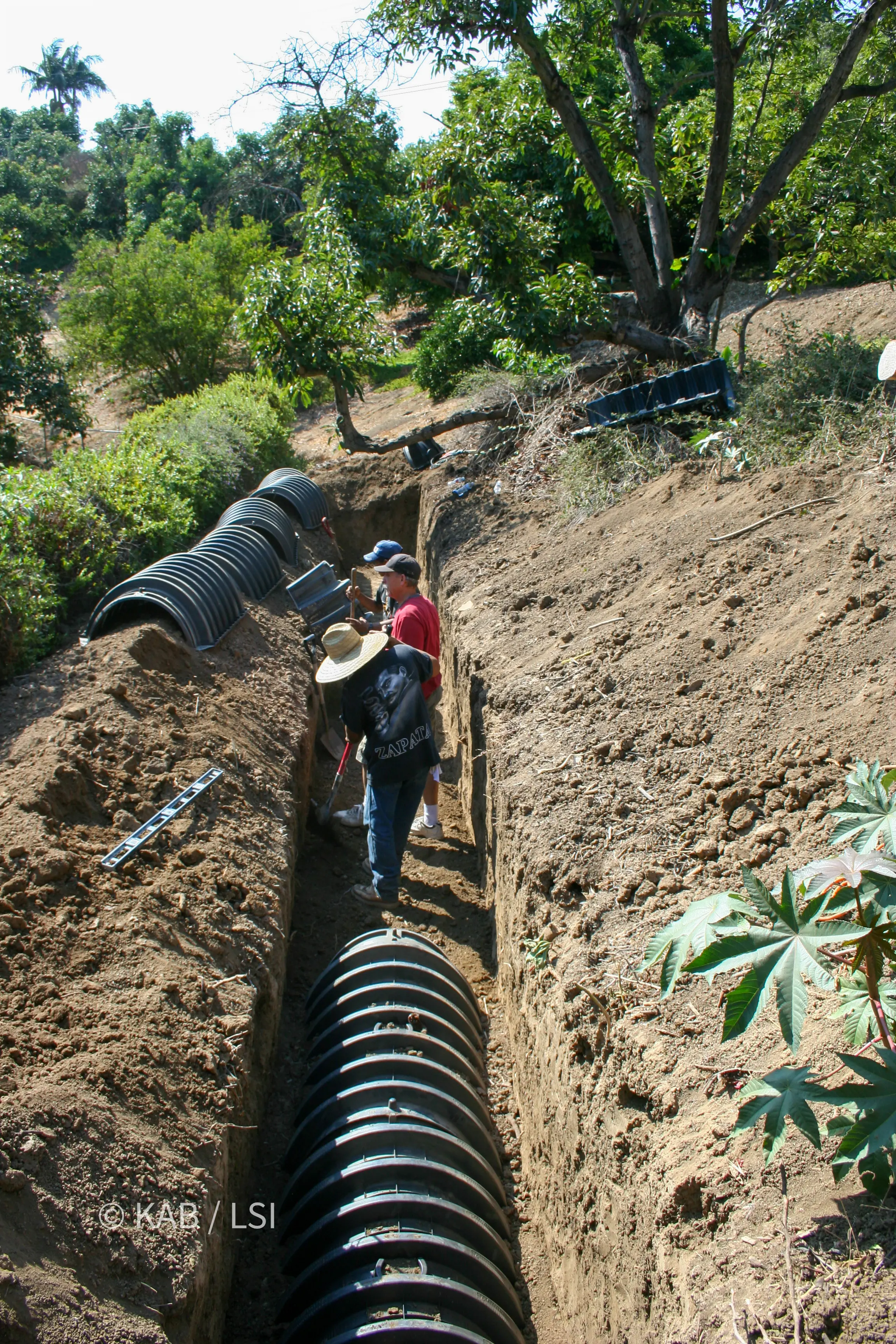 Modern interlocking chamber leach field under construction on a La Habra Heights hillside
