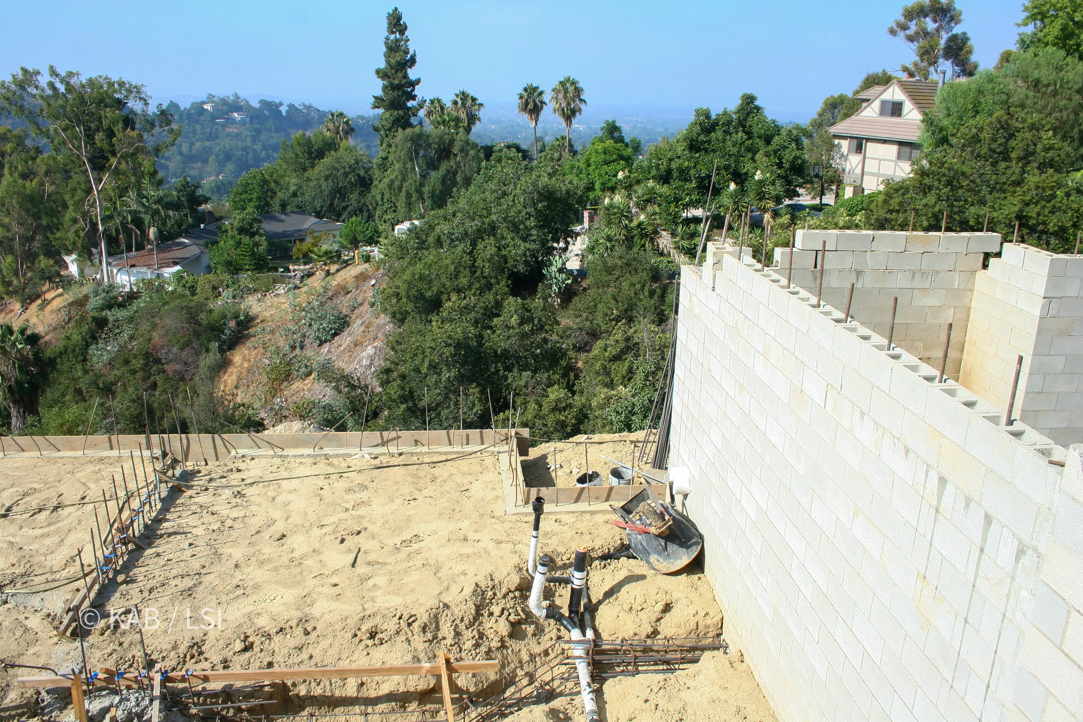 Engineered foundation for a hillside home in La Habra Heights with canyon views beyond