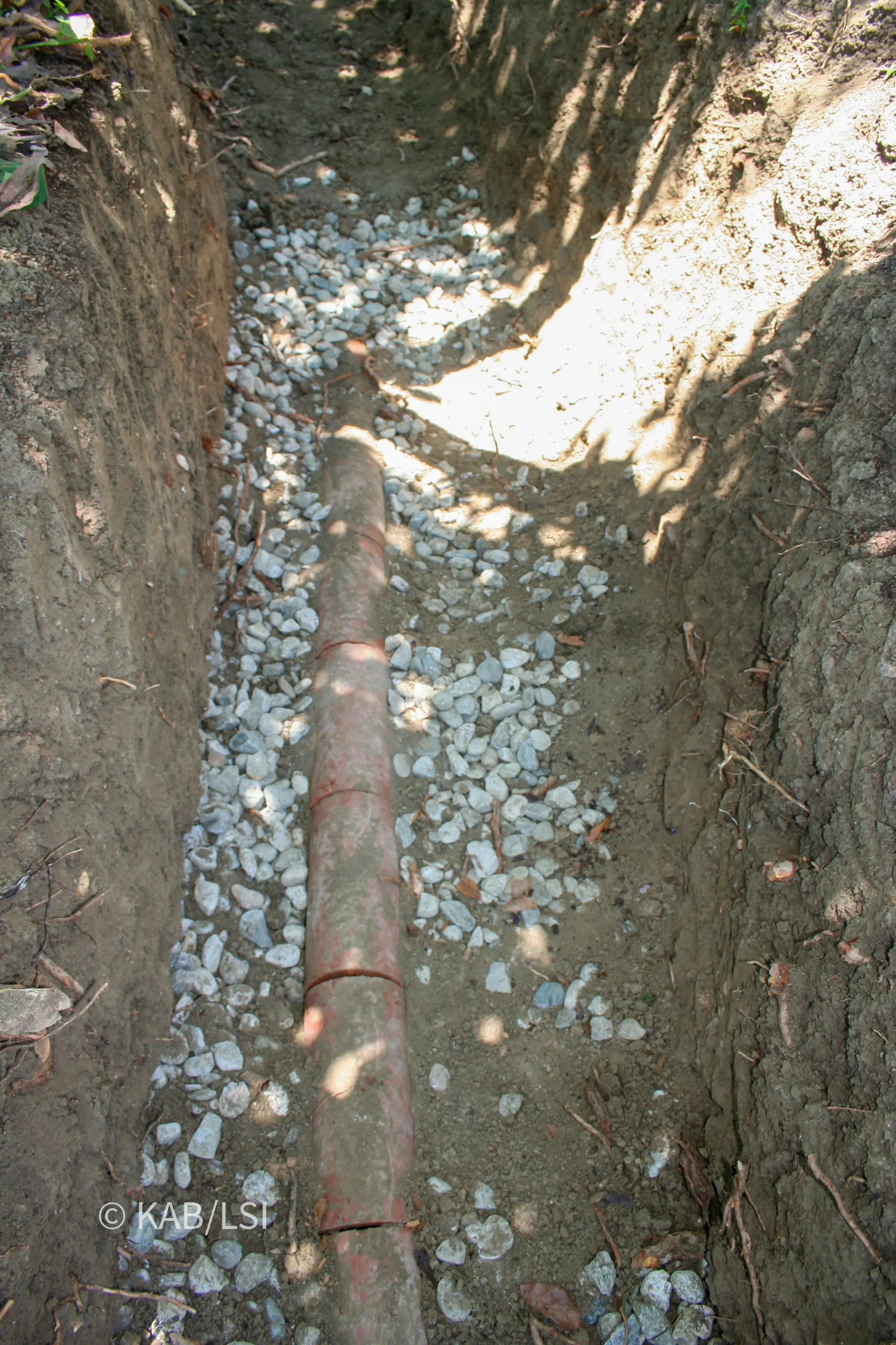 Excavated trench exposing a 1950s septic leach line built from short sections of four-inch clay pipe laid over gravel in native soil