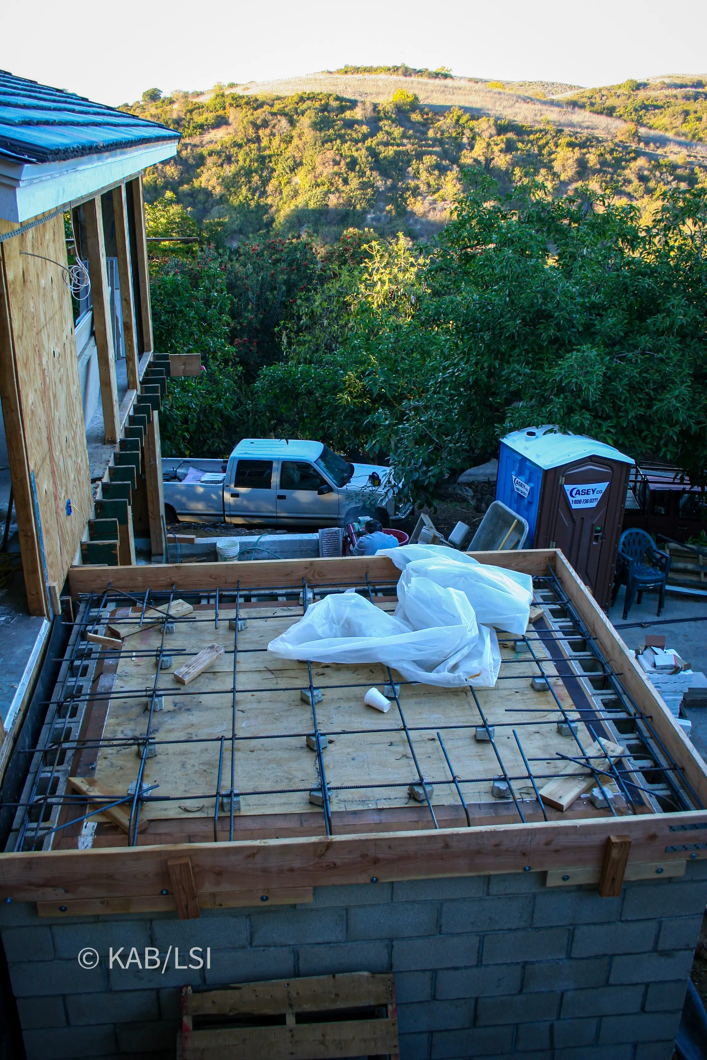 Reinforcing steel tied in preparation for pouring the concrete roof slab of a safe room