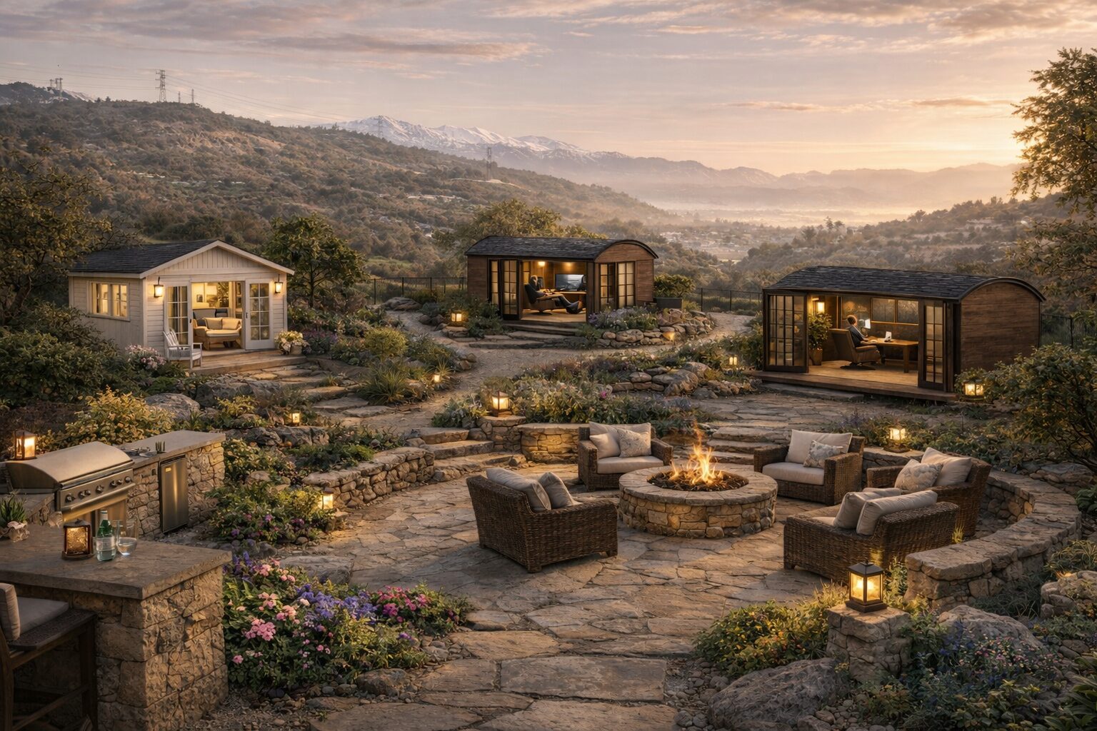 What a hillside property can become — a guesthouse, home office, and studio connected by stone terracing and outdoor living space, with mountain views.
