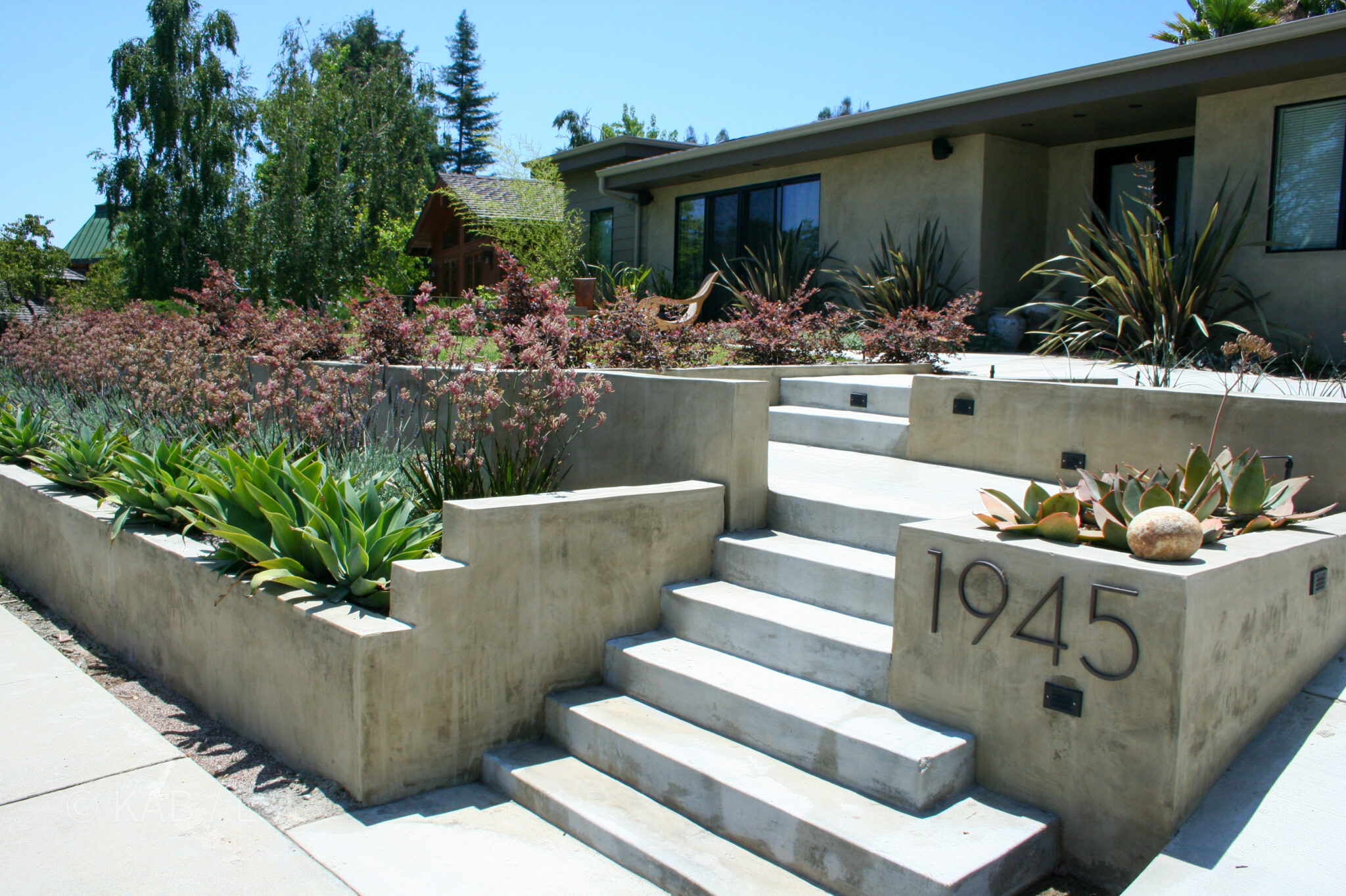 Terraced concrete planters and stepped entry — hillside hardscape © KAB/LSI