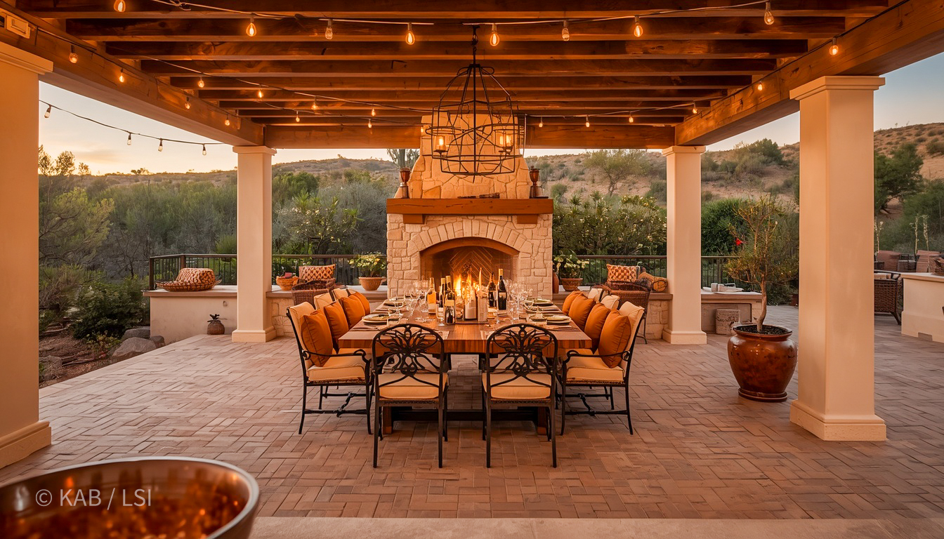 A covered pergola dining destination at sunset — string lights overhead, a stone fireplace, a long wooden table set for a hillside dinner.