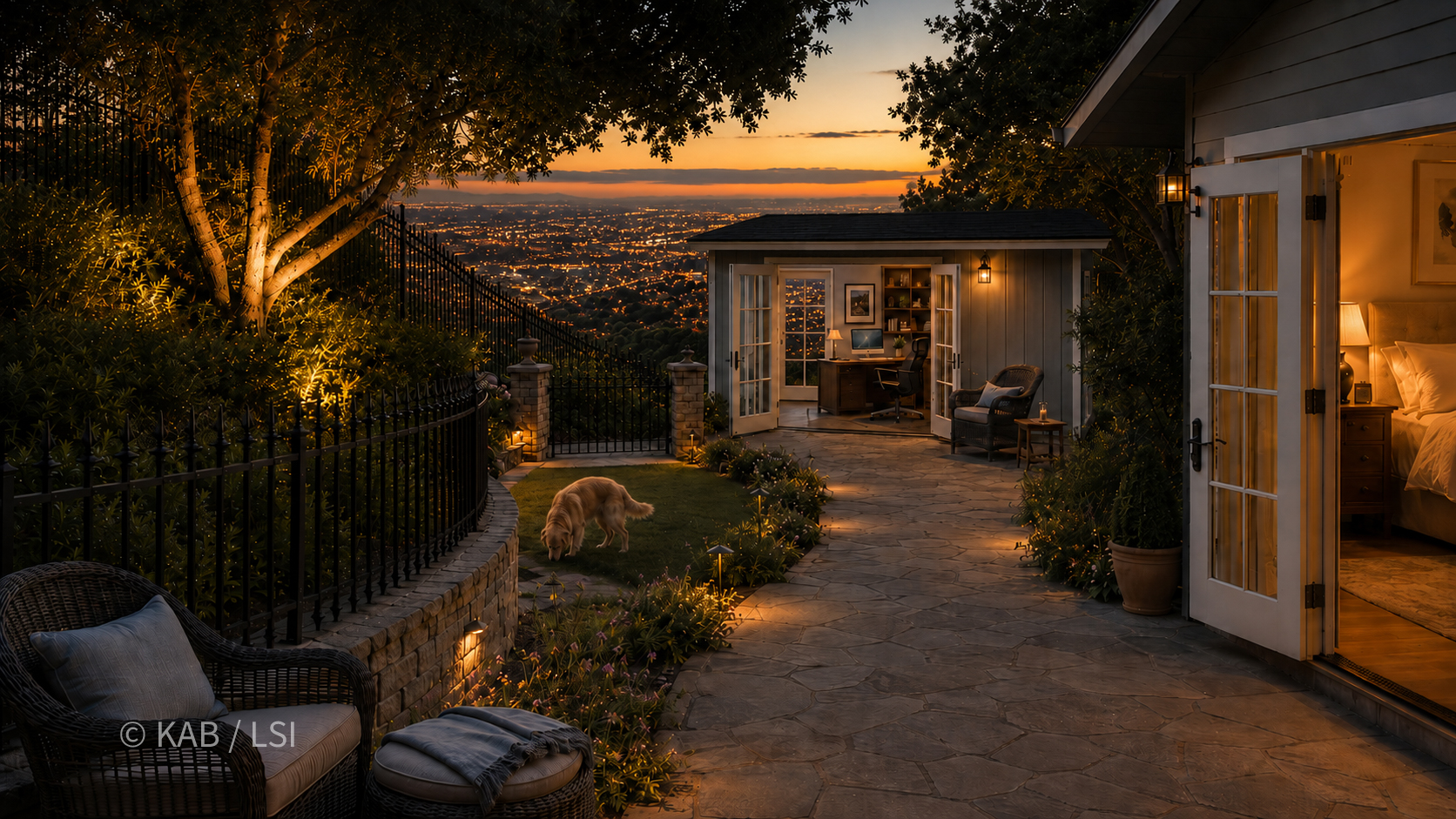 An artist's illustration of a detached home office built as a private-space push-out from a hillside master suite — French doors open at dusk, a dog on the lit lawn, the master bedroom glowing alongside, the city lights below.