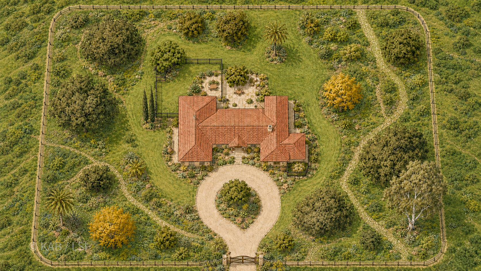 A plot plan illustration of a one-acre La Habra Heights hillside property — a light perimeter fence at the property line and a close-in wrought-iron yard hugging the master suite.